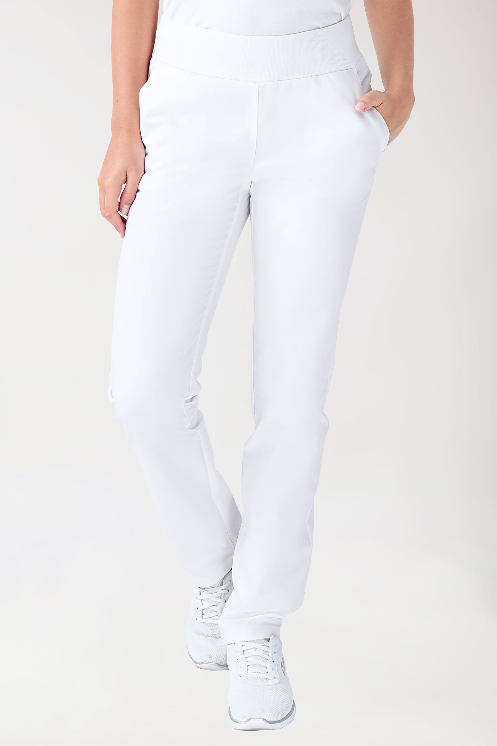 Stretchbroek dames -zijzakken- gebreide tailleband wit