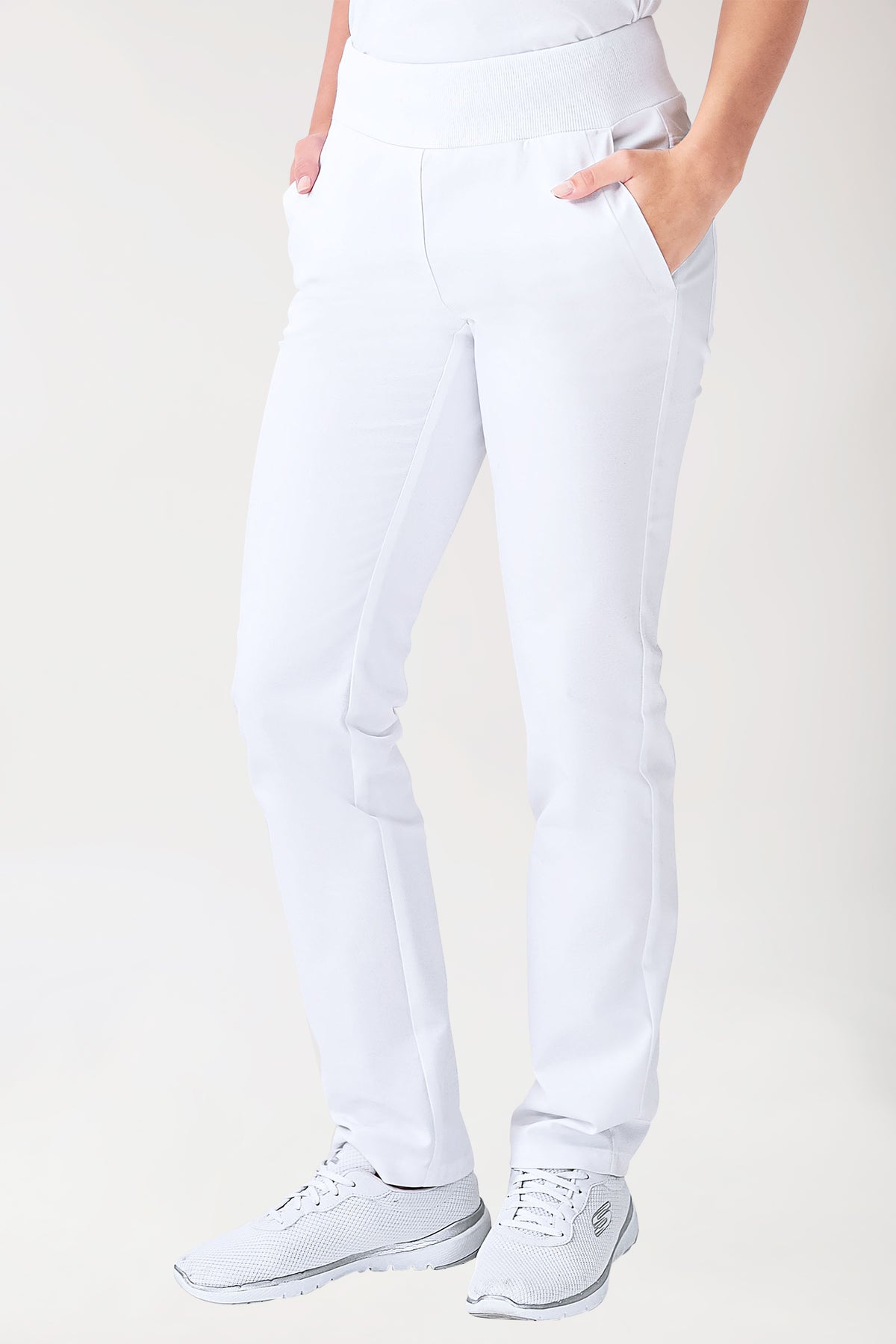 Stretchbroek dames -zijzakken- gebreide tailleband wit