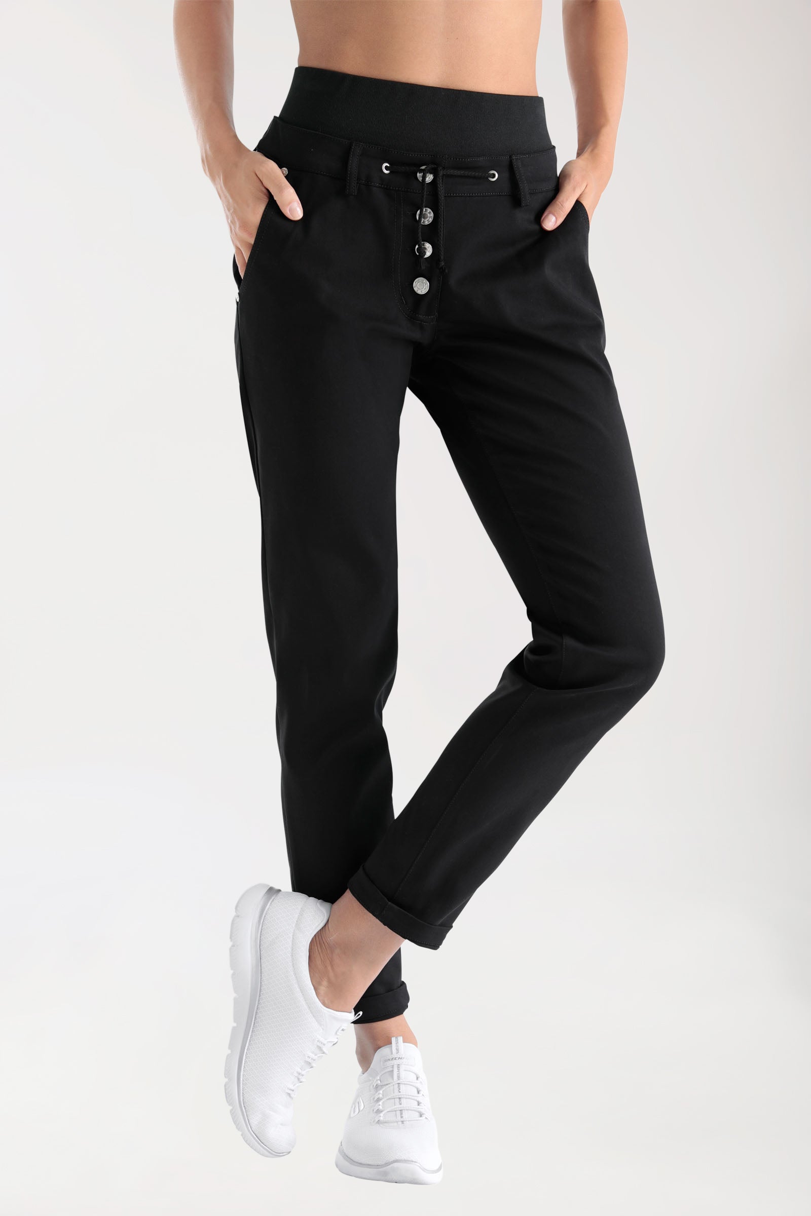 Comfort stretch broek dames - elastische gebreide tailleband zwart