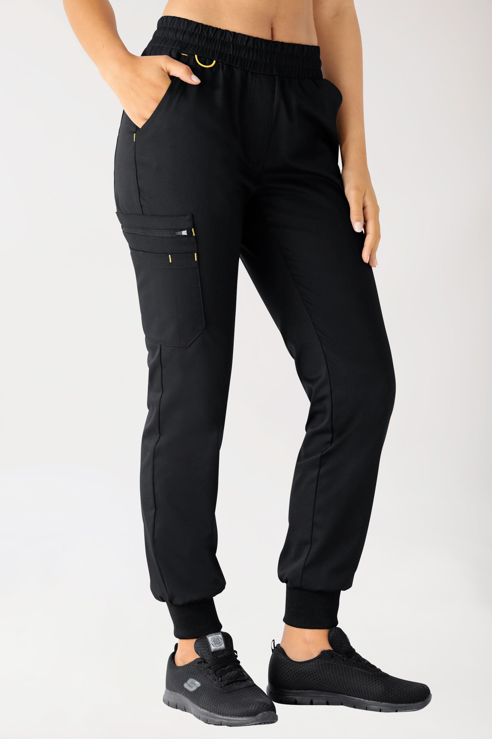 CLINIC STRETCH broek dames - gebreide tailleboord zwart/geel