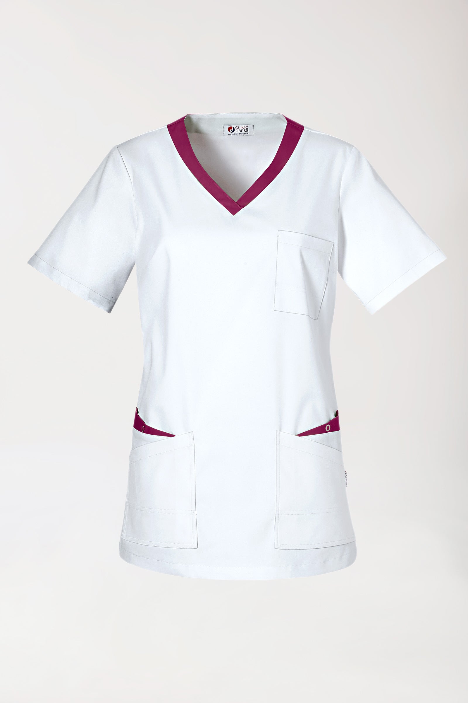 CLINIC STRETCH oversteektuniek dames - 1/2 mouw wit/berry
