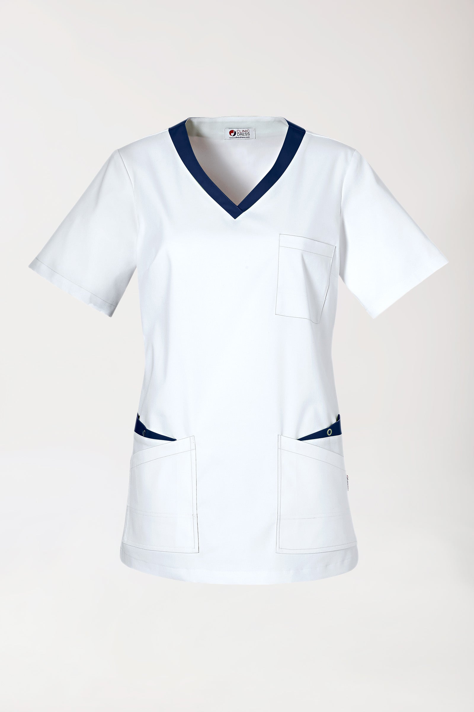 CLINIC STRETCH oversteektuniek dames - 1/2 mouw wit/navy, Voorzijde view