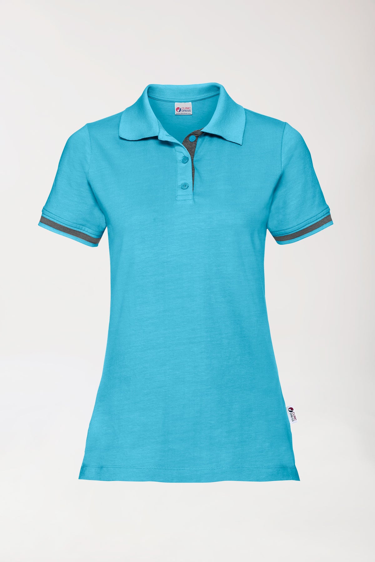 Stretch shirt dames - polokraag turquoise/donkergrijs melange, Voorzijde view