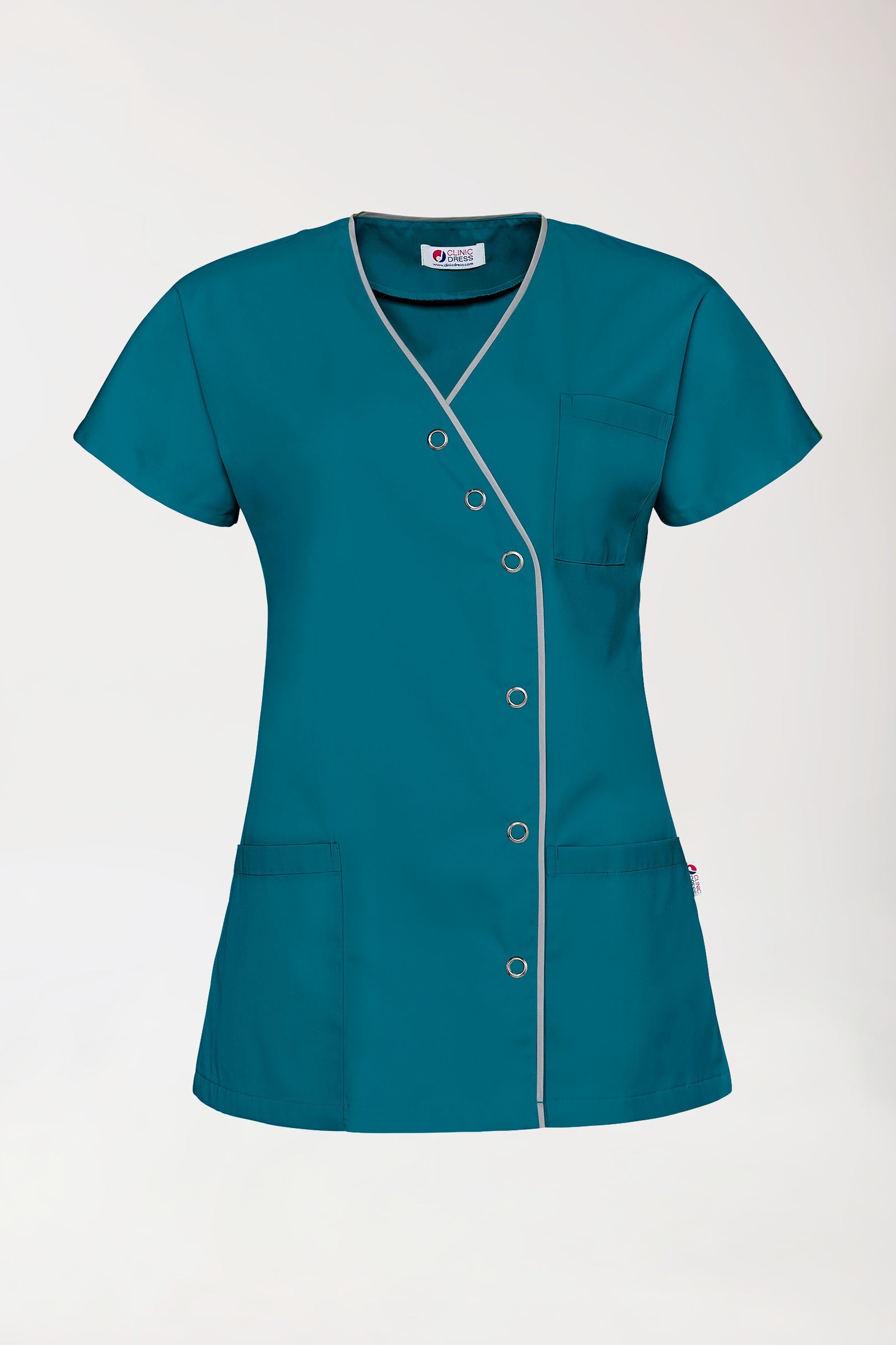 Beauty tuniek dames - asymmetrische knoopsluiting petrol/grijs