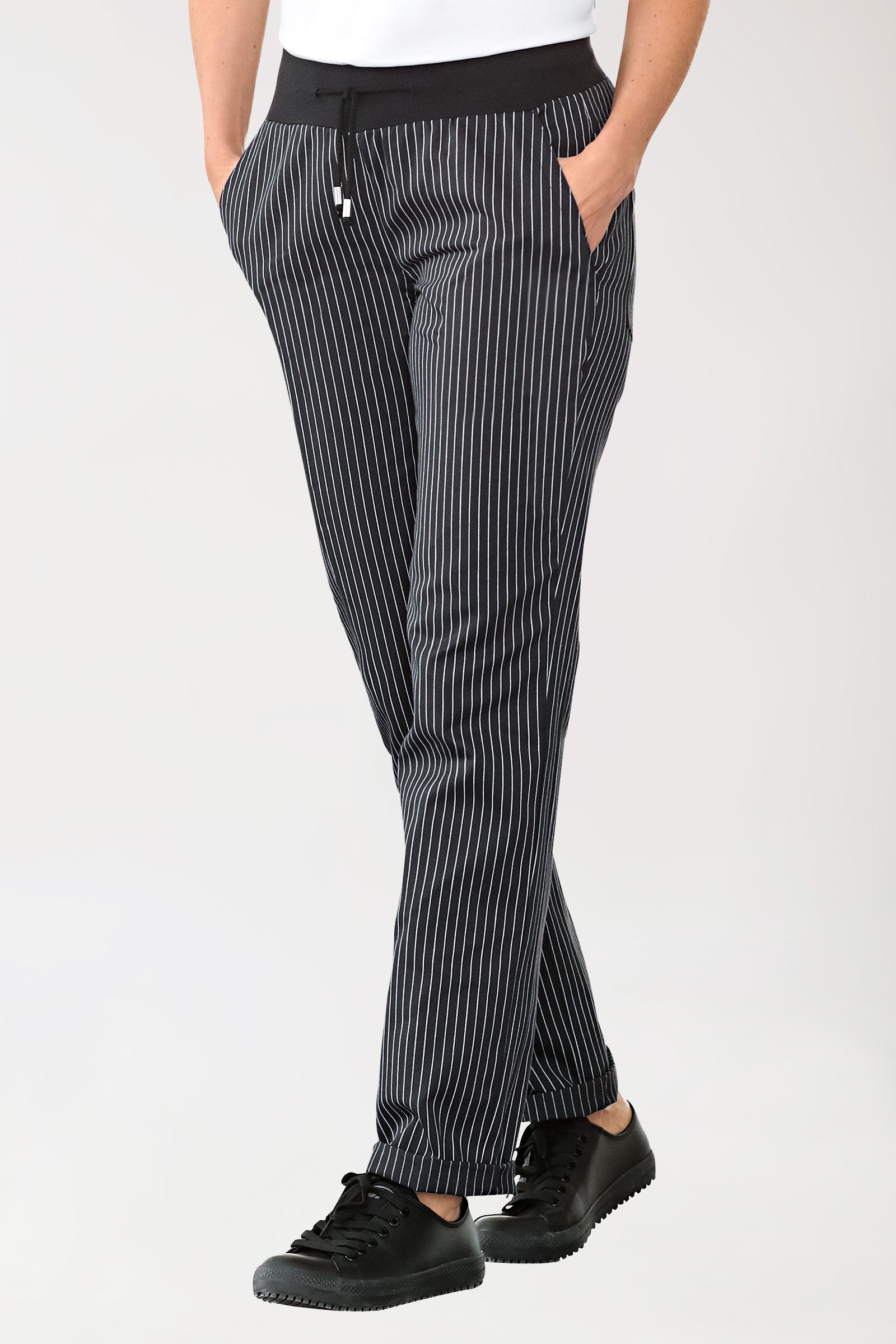 Gastro broek dames - gebreide tailleband zwart/wit