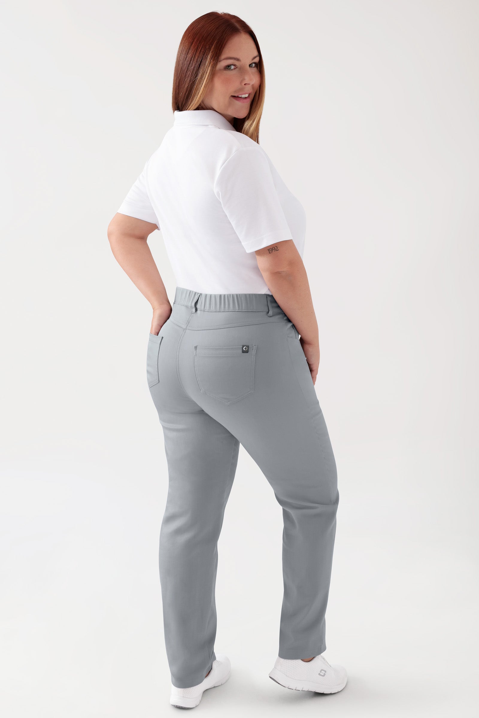 COMFY FLEX 5-pocket broek dames - rechte pijp grijs, Achterzijde view Het model is 173 cm lang en draagt maat 46