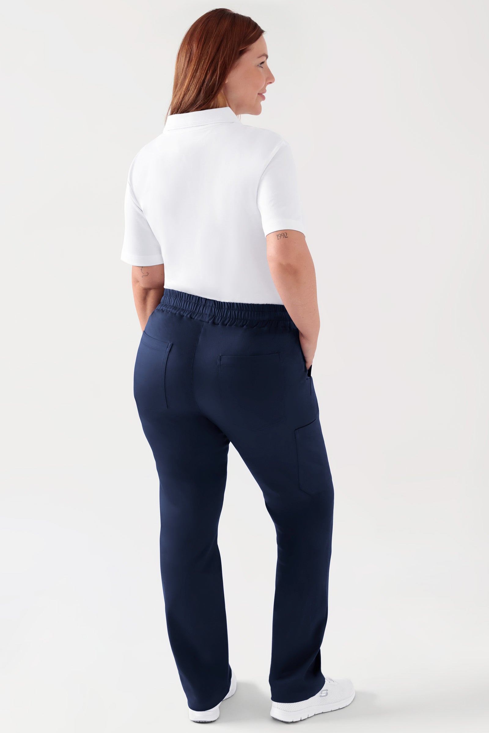 COMFY FLEX Stretch broek Unisex - 1/1 Lengte navy, Achterzijde view Het model is 173 cm lang en draagt maat L