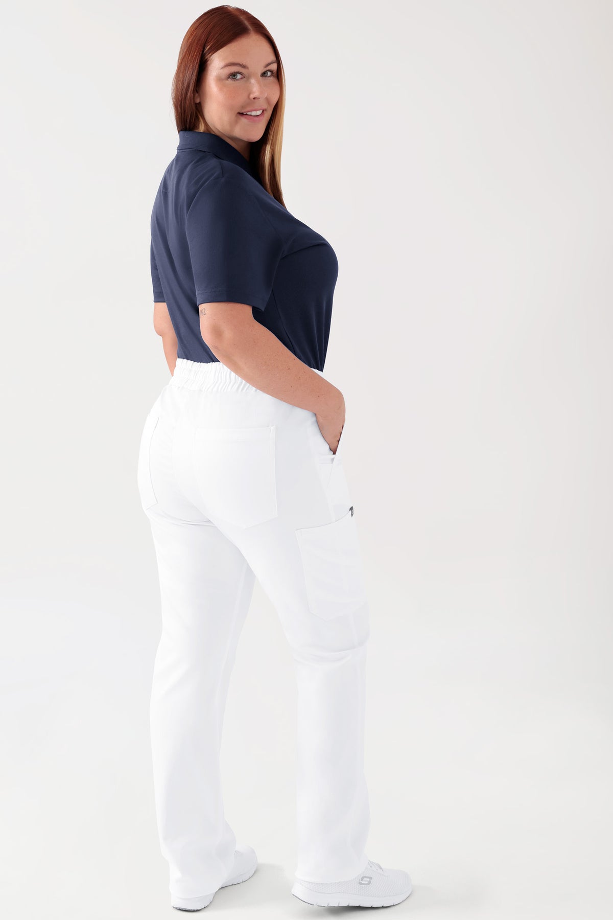 COMFY FLEX Stretch broek Unisex - 1/1 Lengte wit, Achterzijde view Het model is 173 cm lang en draagt maat L