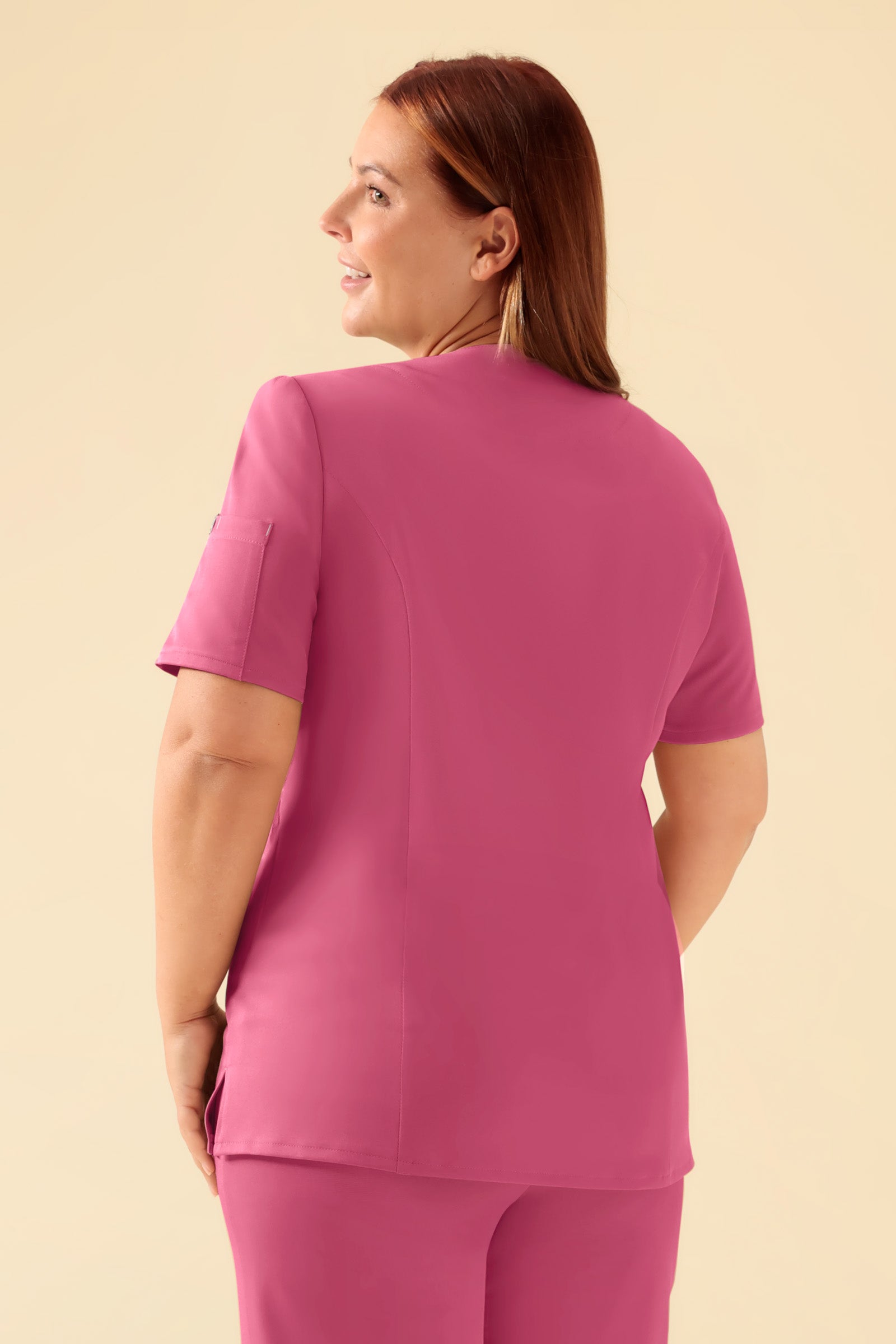 KAERE tuniek dames - drukknoopsluiting oud rose, Achterzijde view Het model is 173 cm lang en draagt maat XL