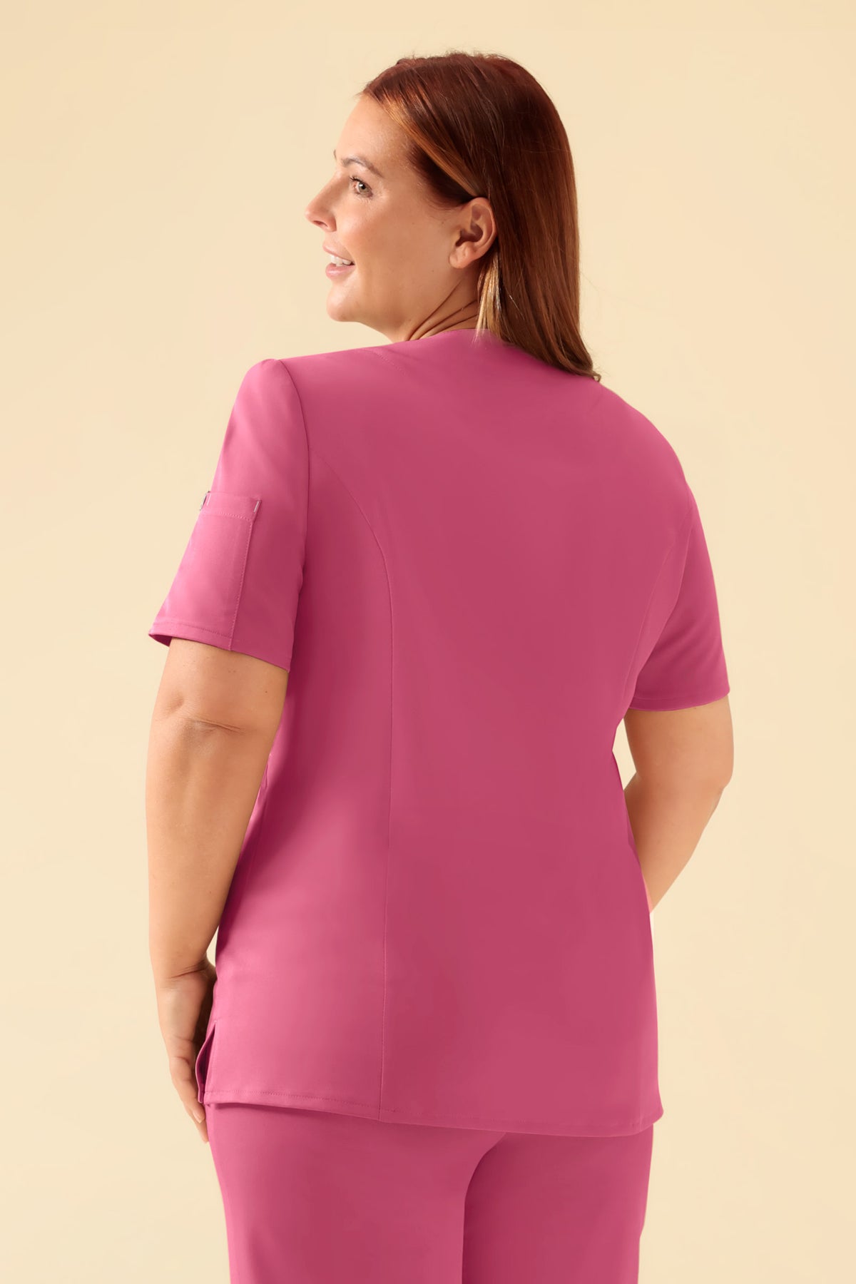 KAERE tuniek dames - drukknoopsluiting oud rose, Achterzijde view Het model is 173 cm lang en draagt maat XL