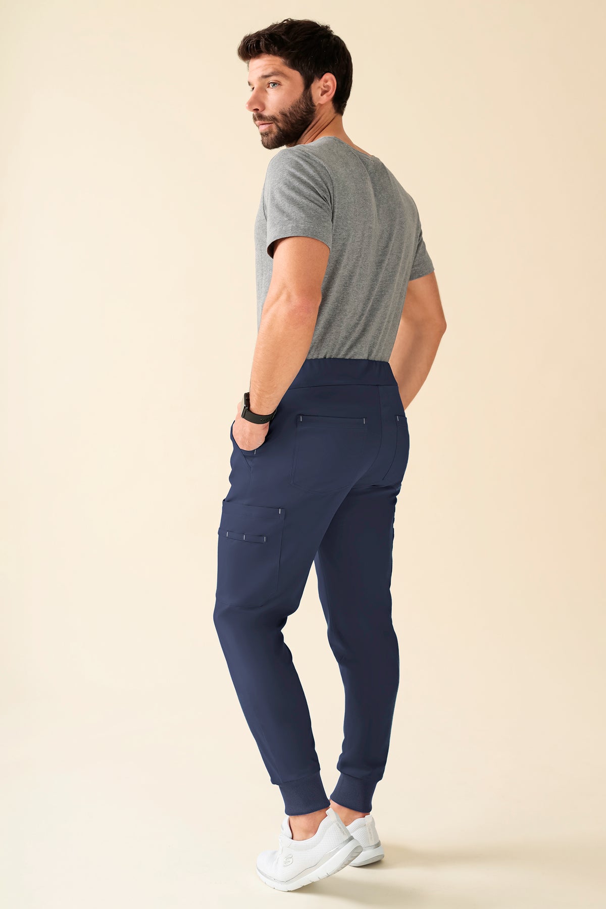 KAERE broek heren - zoom met elastische boord korte maat met beenzak navy, Achterzijde view 