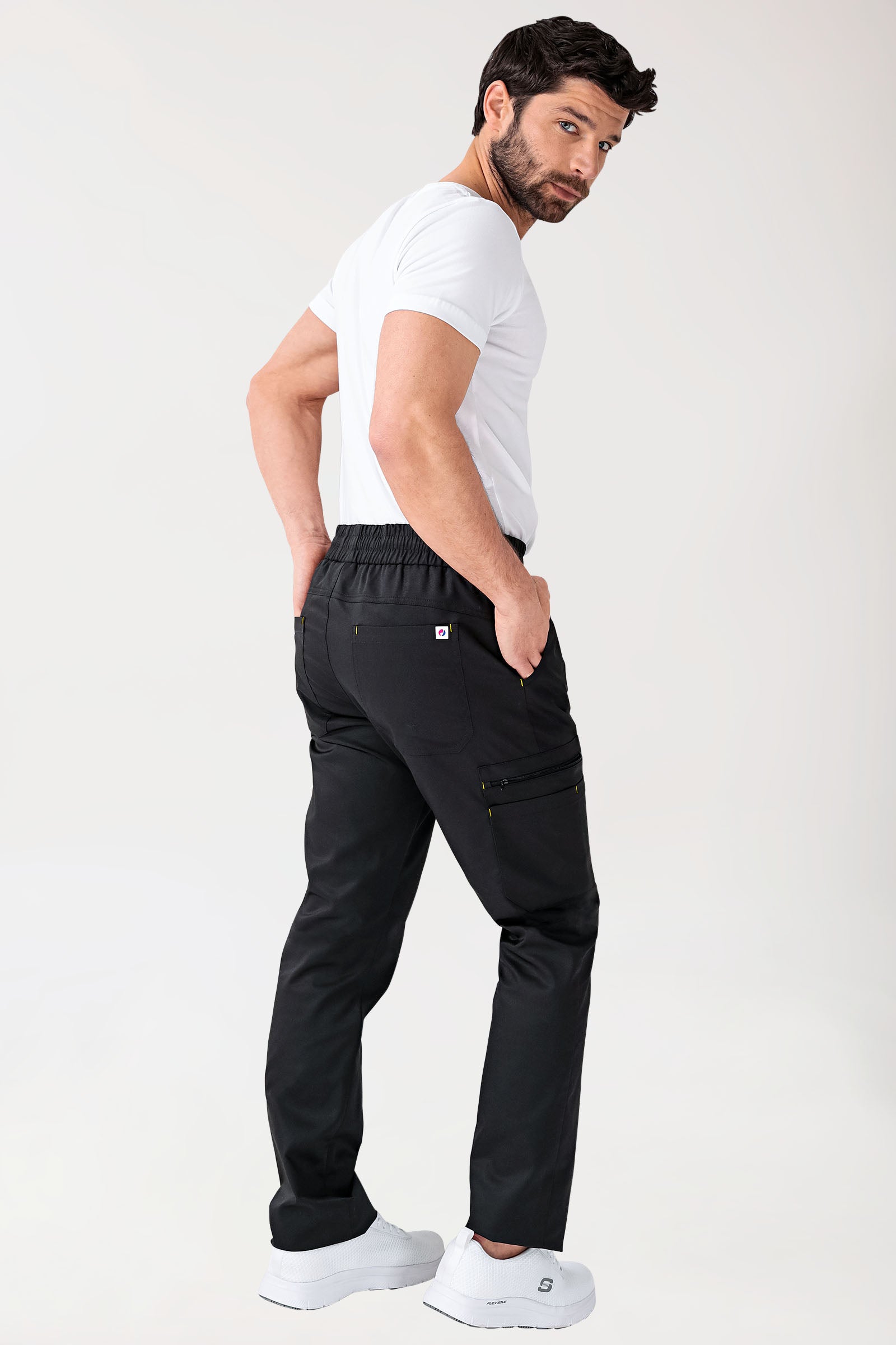 CLINIC STRETCH broek heren - rechte zoom korte maat zwart/geel, Achterzijde view 