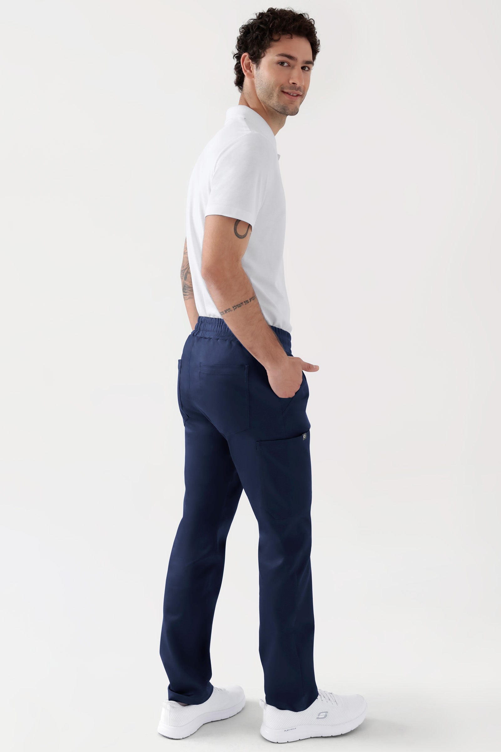 COMFY FLEX Stretch broek Unisex - 1/1 Lengte navy, Achterzijde view Het model is 188 cm lang en draagt maat M