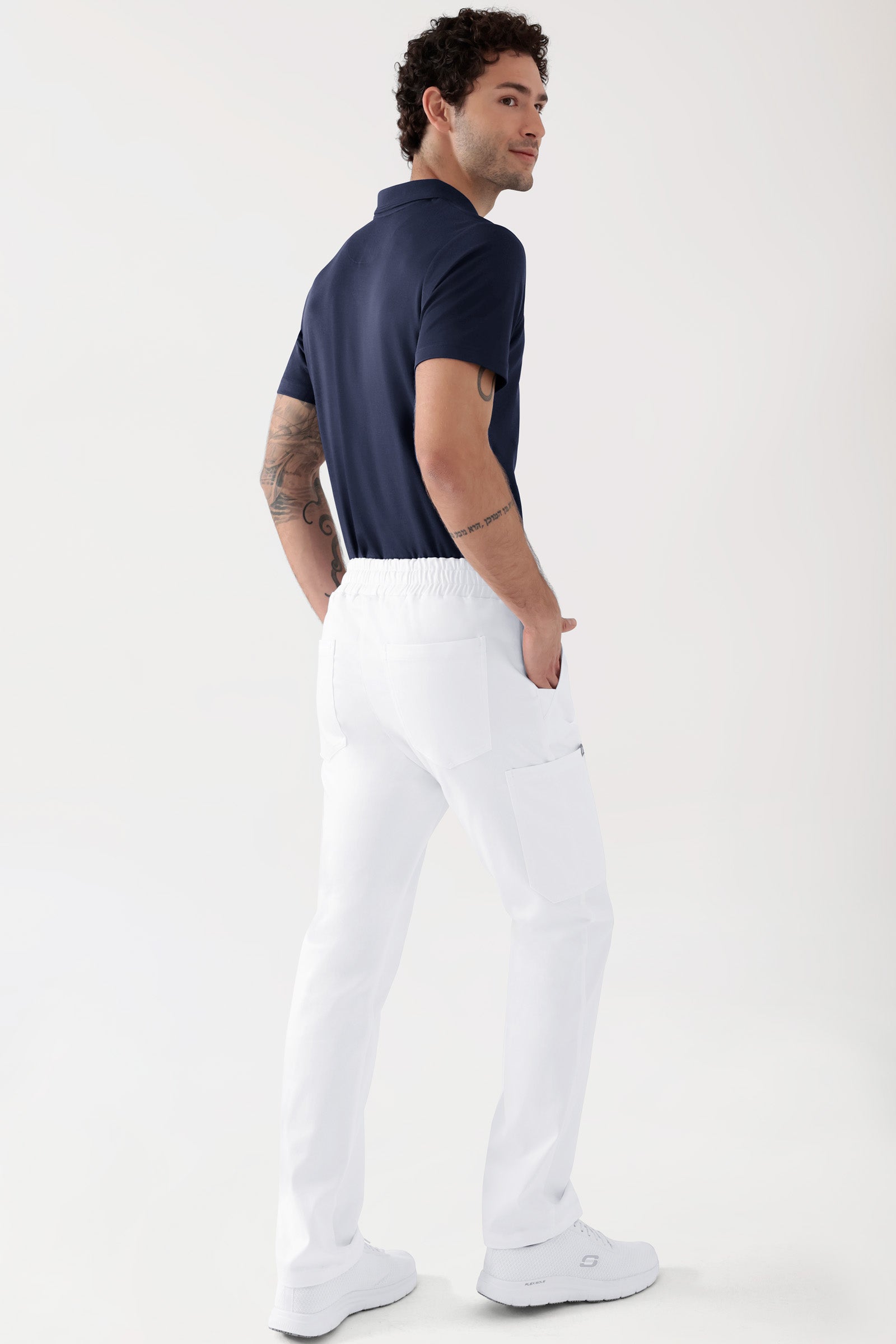 COMFY FLEX Stretch broek Unisex - 1/1 Lengte wit, Achterzijde view Het model is 188 cm lang en draagt maat M