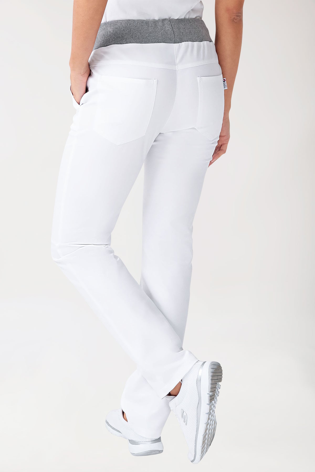 Stretchbroek dames - gebreide tailleband wit/grijs melange, Achterzijde view 