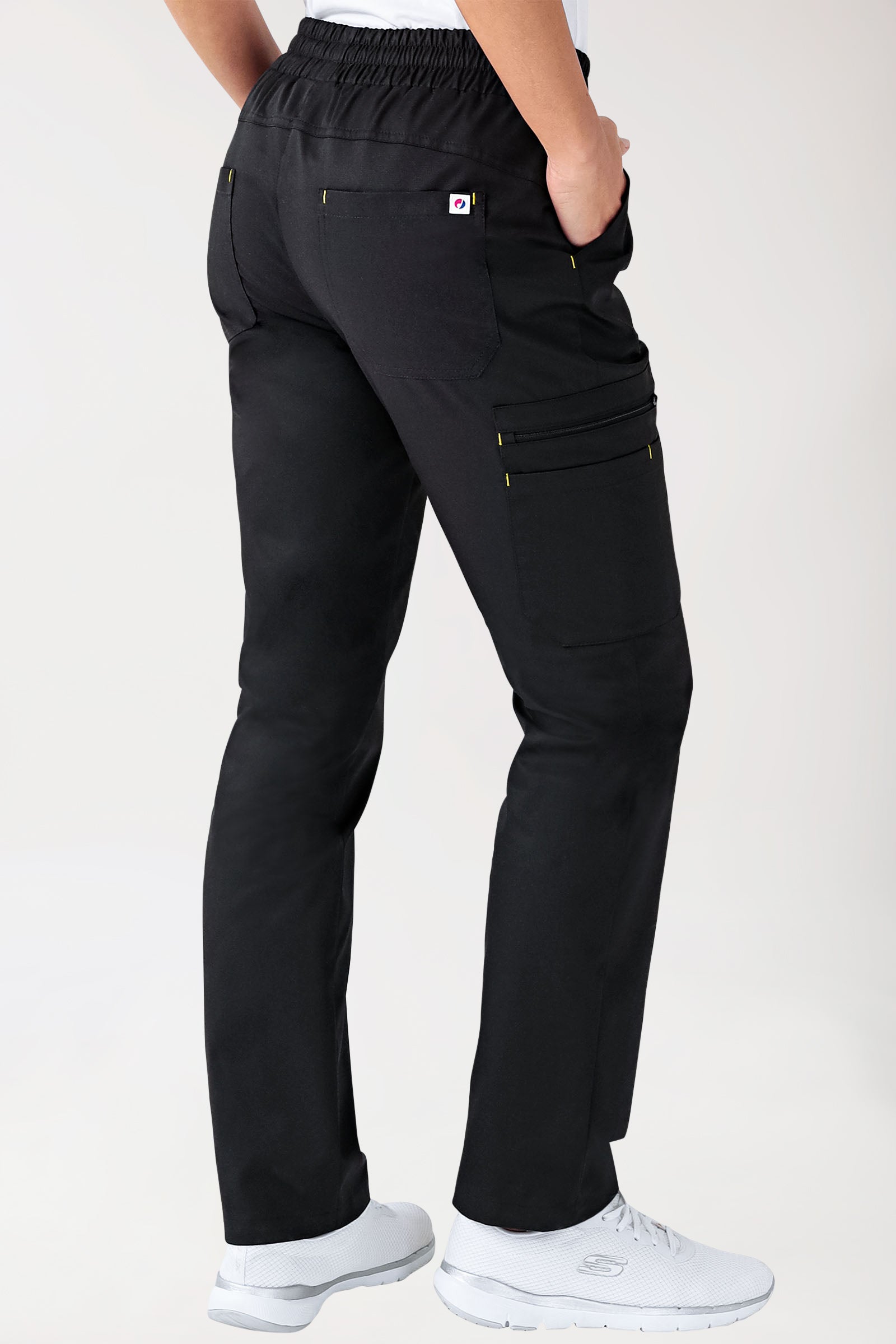 CLINIC STRETCH broek dames - korte maat zwart/geel, Achterzijde view 