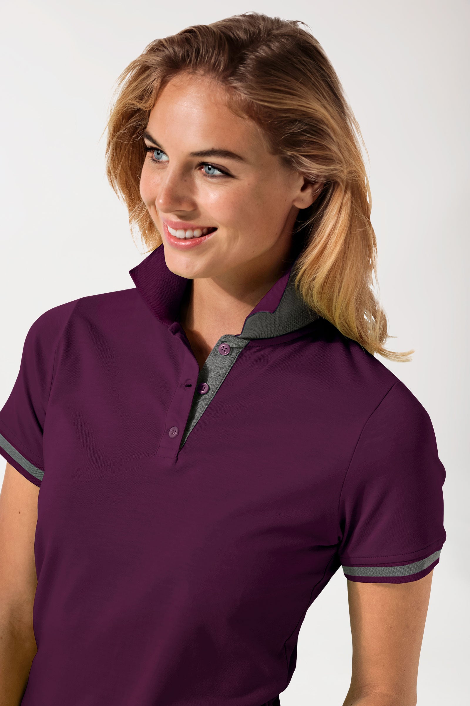 Stretch shirt dames - polokraag pruimen/donkergrijs melange
