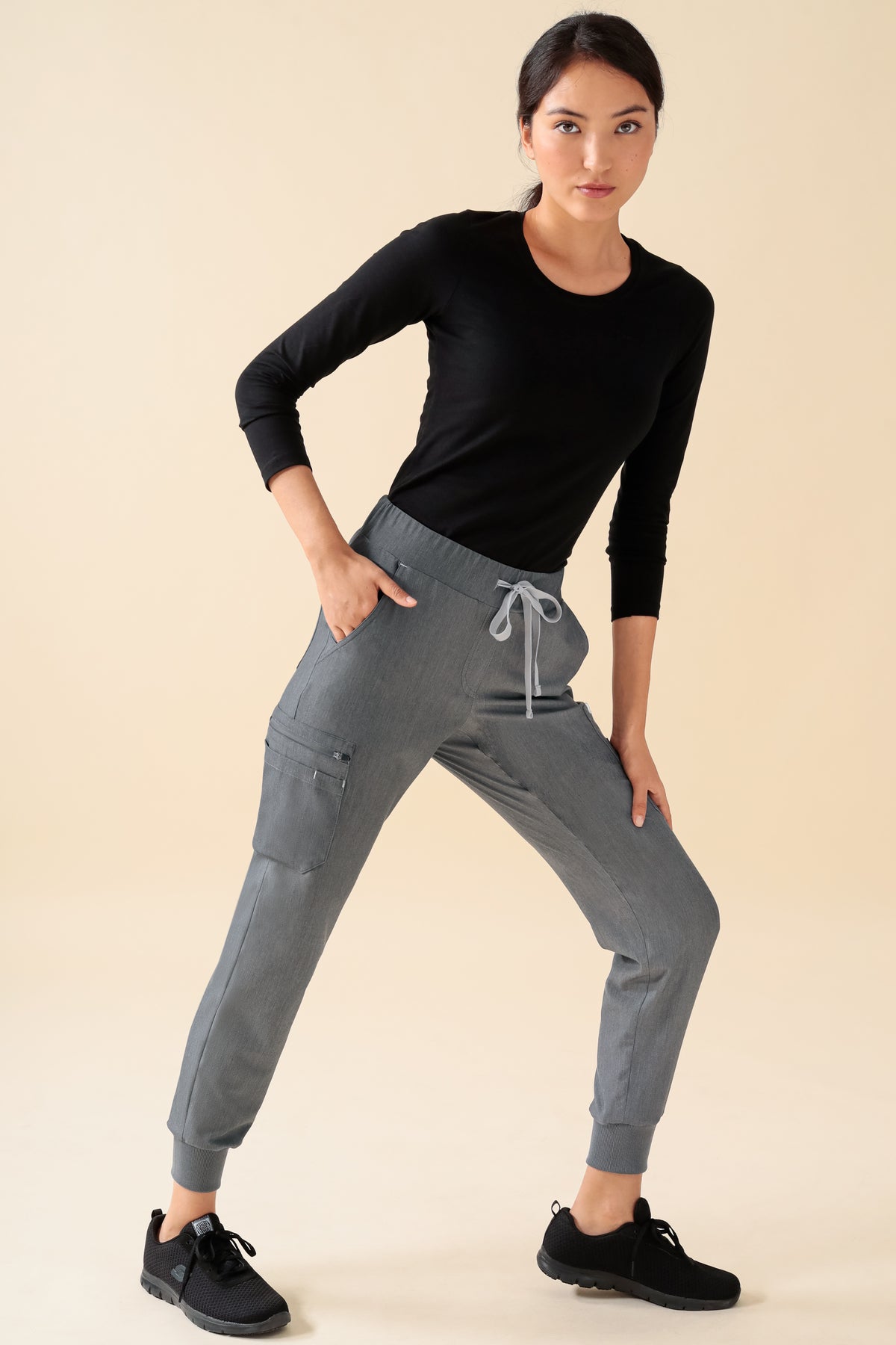 KAERE broek dames - zoom met elastische boord en beenzak grijs melange, Voorzijde view 