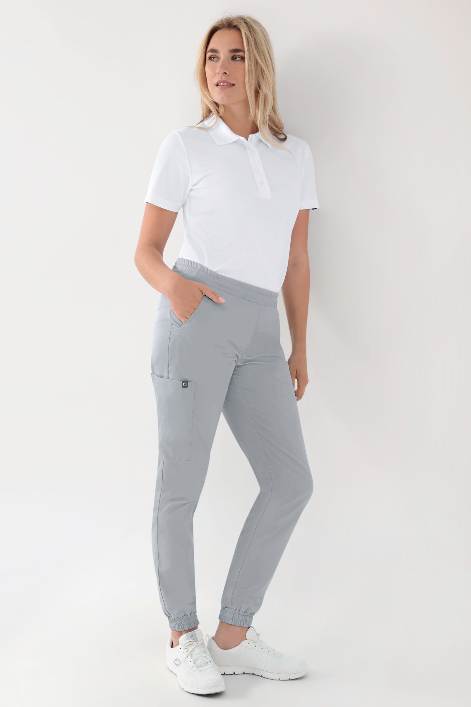 GREEN Stretch broek dames - joggingbroek style parelgrijs, Voorzijde view 