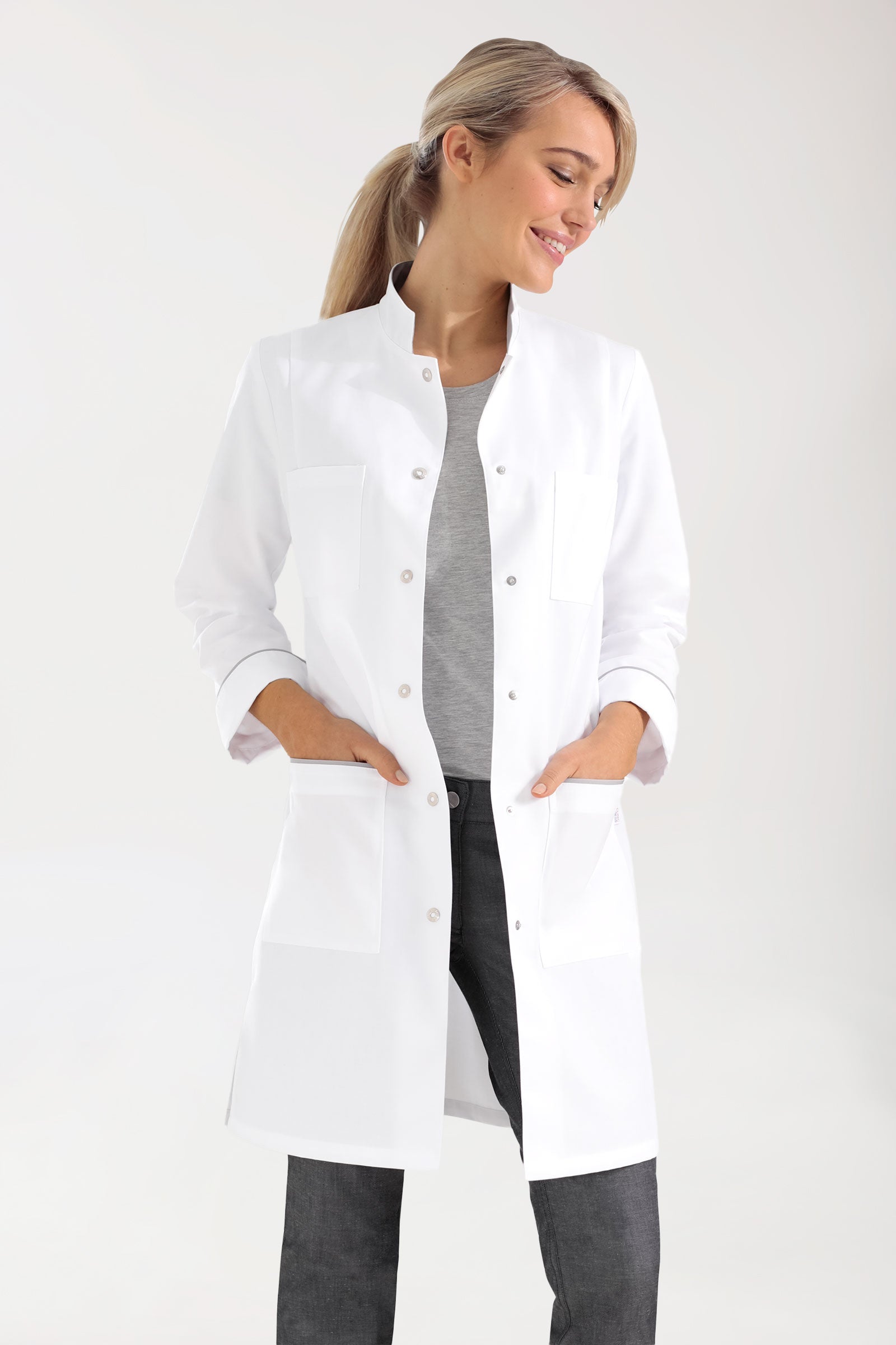 Korte jas dames - opstaande kraag wit/grijs