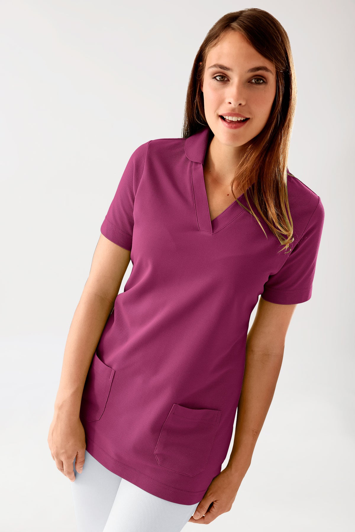 Piqué long-shirt dames - met kraag berry, Voorzijde view 