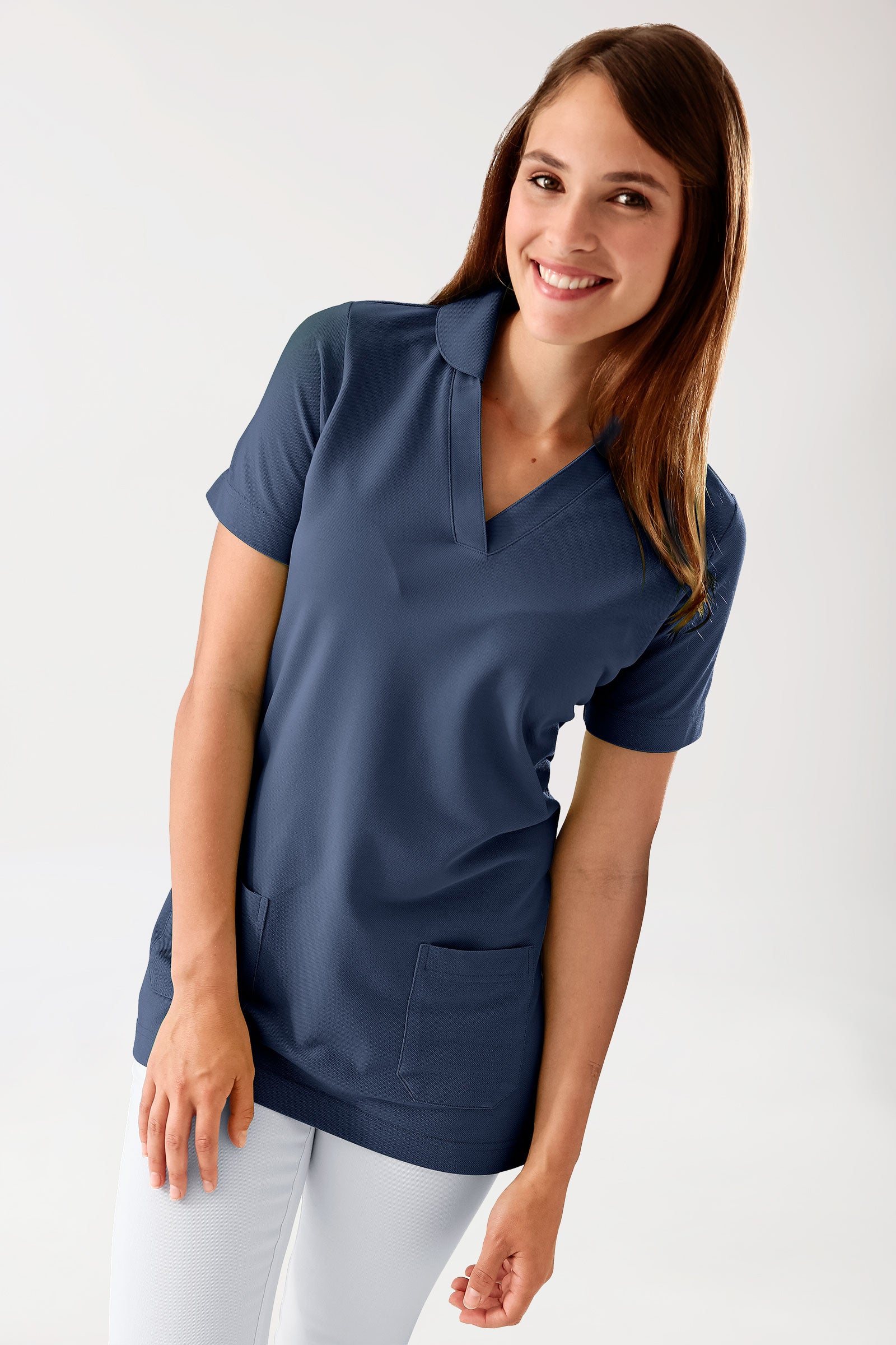 Piqué long-shirt dames - met kraag navy, Voorzijde view 