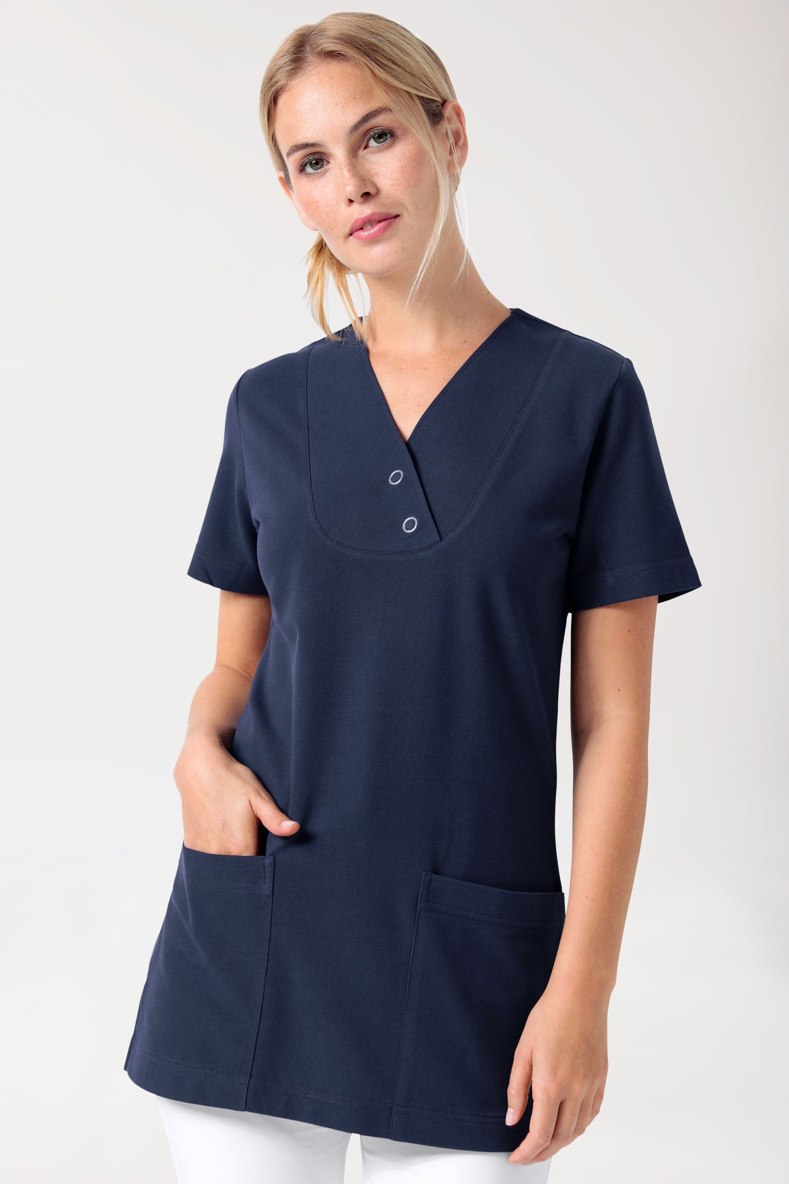 Piqué long-shirt dames - V-hals navy