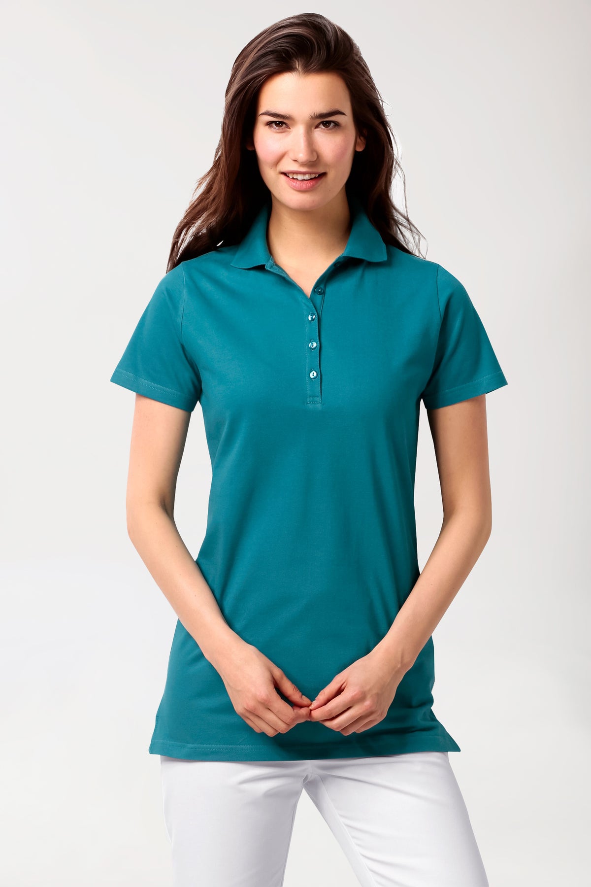 Stretch longshirt dames - polokraag petrol, Voorzijde view 