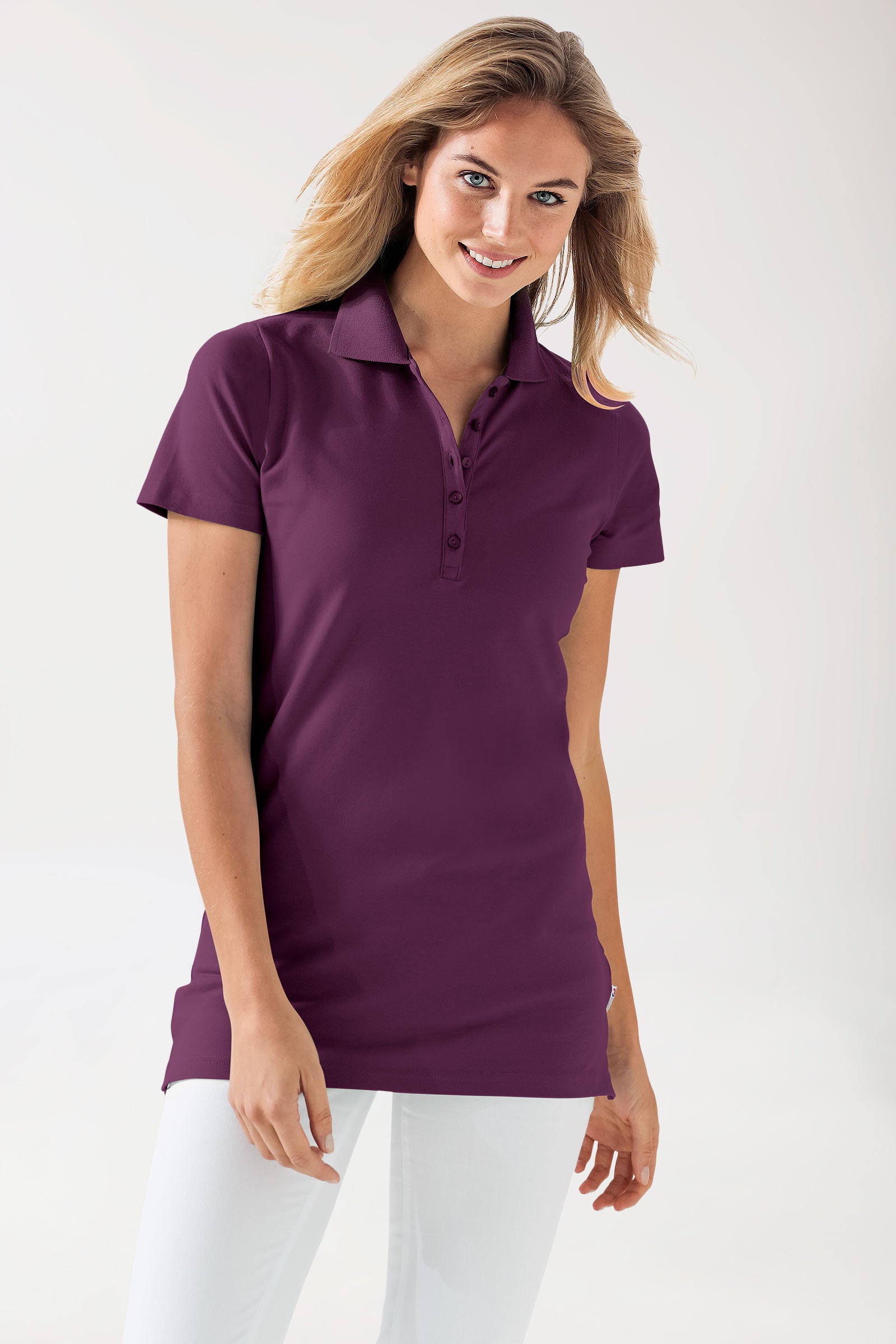 Stretch longshirt dames - polokraag pruimen