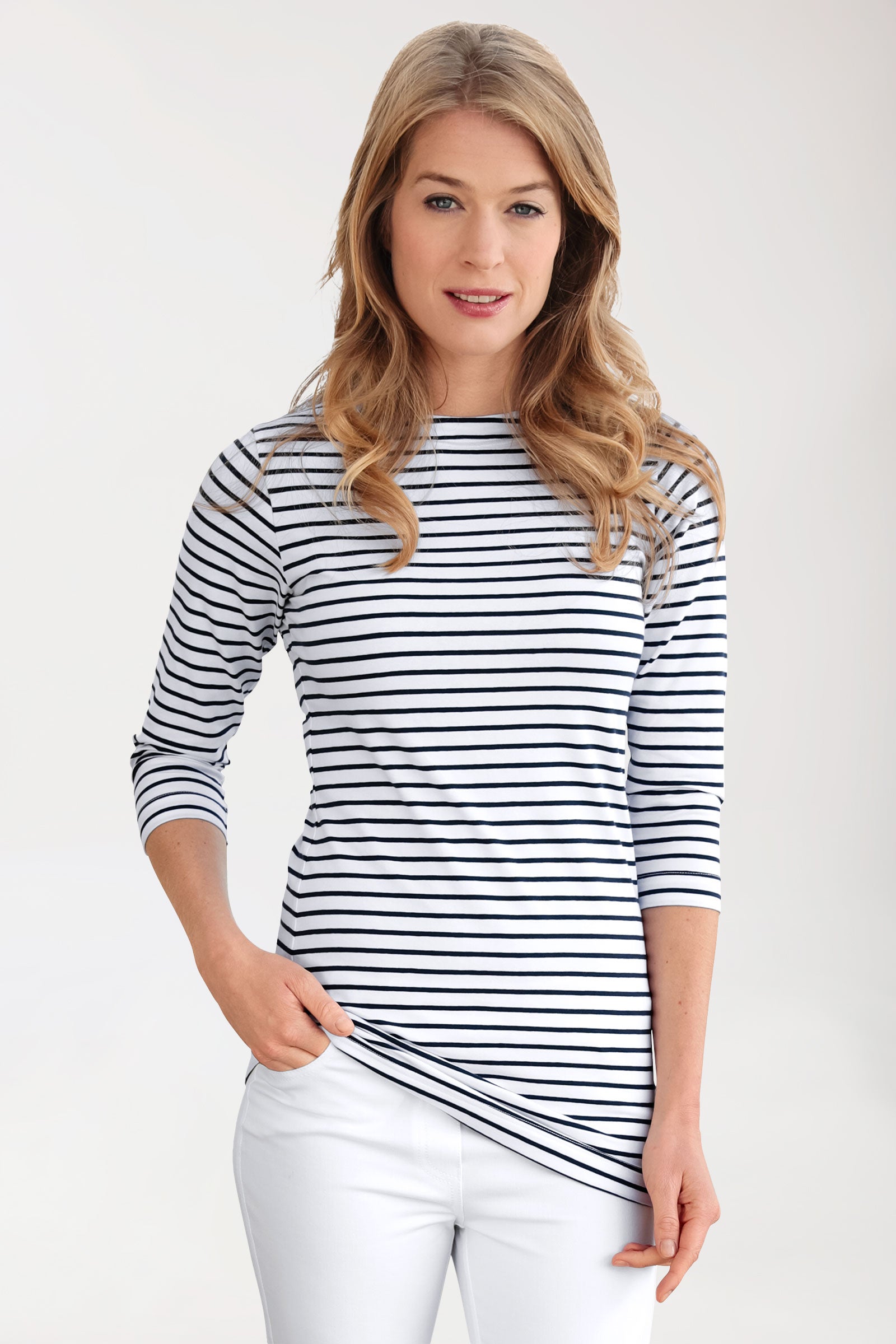 Long-shirt dames - 3/4 mouw wit/navy