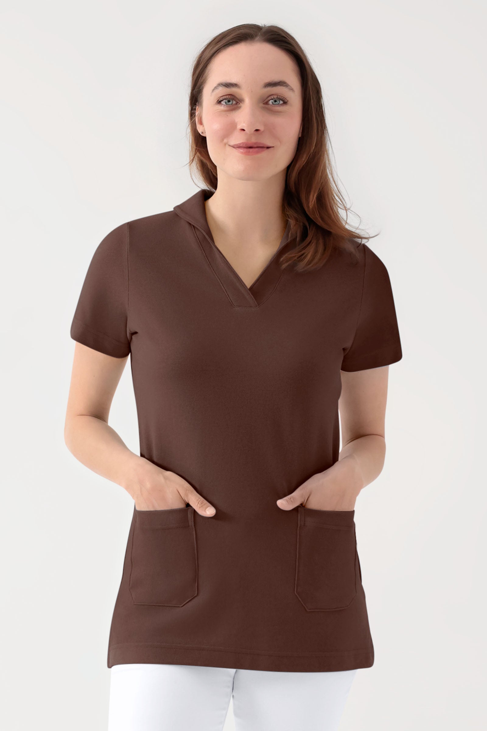 COMFY FLEX stretch oversteektuniek dames - sjaalkraag coffee, Voorzijde view 