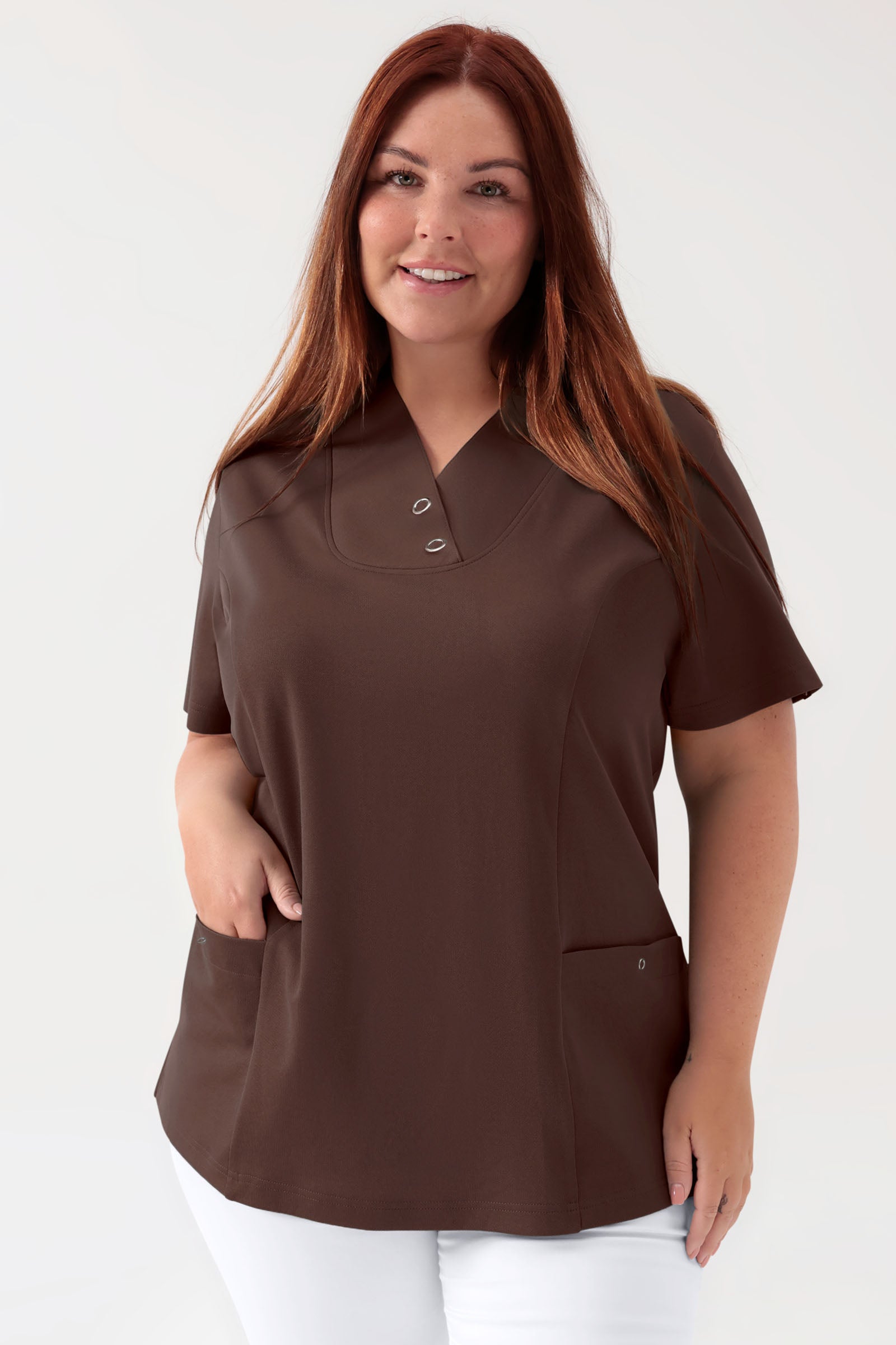 COMFY FLEX stretch oversteektuniek dames - met drukknopen coffee, Voorzijde view 
