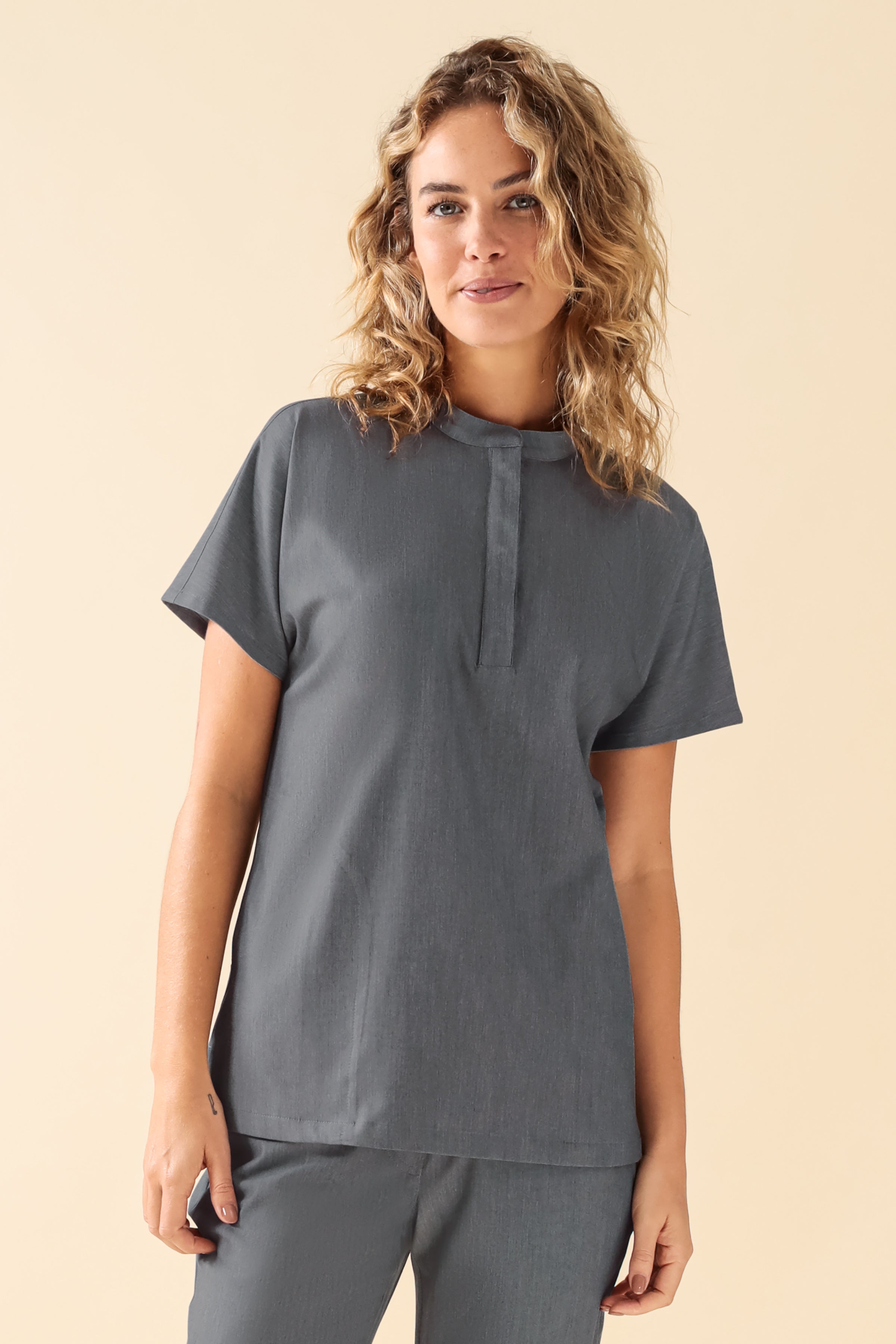 KAERE dames oversteektuniek - opstaande kraag grijs melange