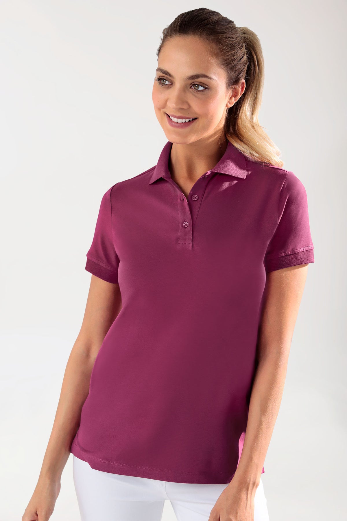 Stretch shirt dames - polokraag-knoopsluiting berry, Voorzijde view 