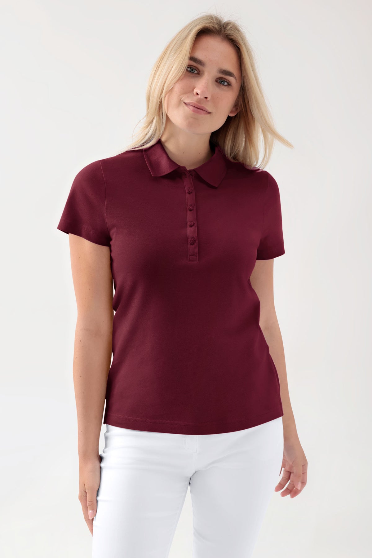 Stretch shirt dames - polokraag bordeaux, Voorzijde view 