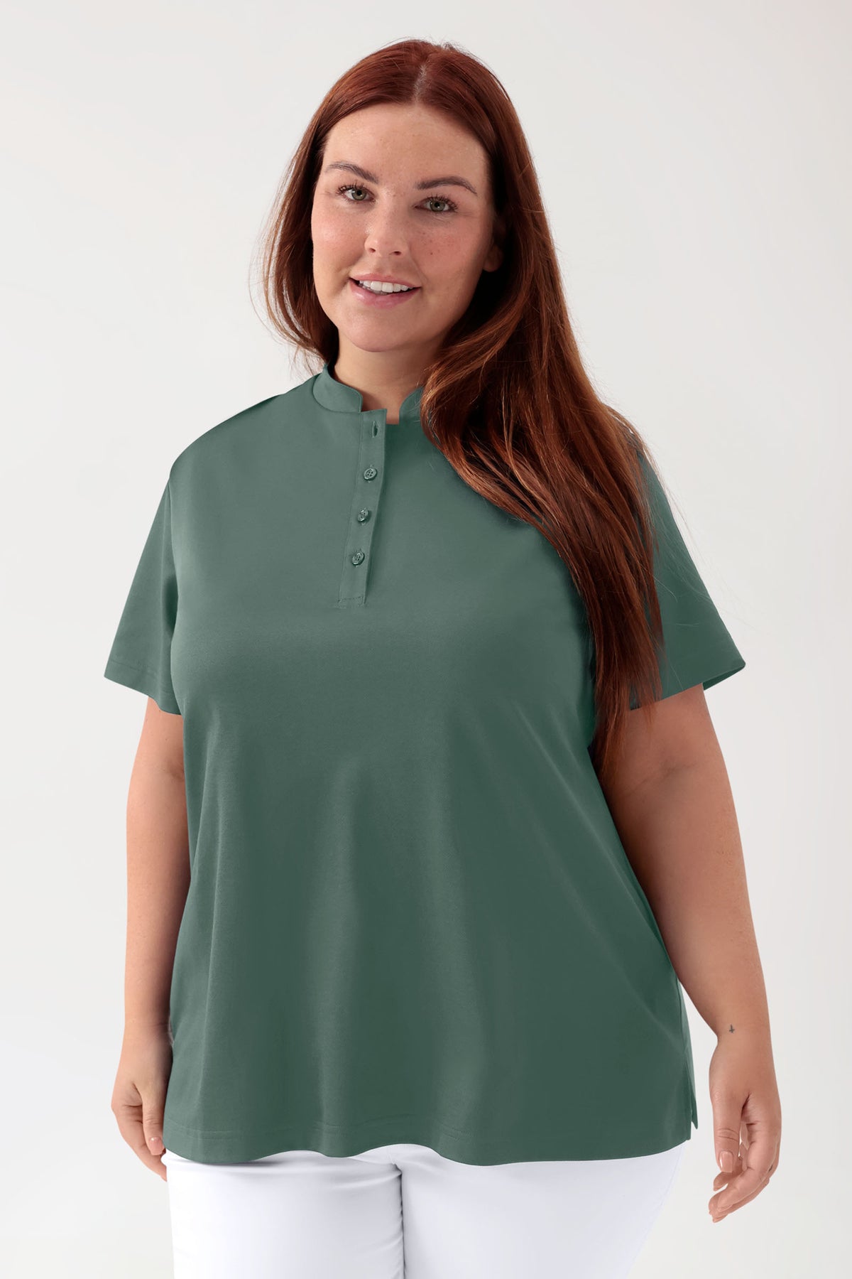 COMFY FLEX stretch shirt dames - opstaande kraag  donkergroen, Voorzijde view 