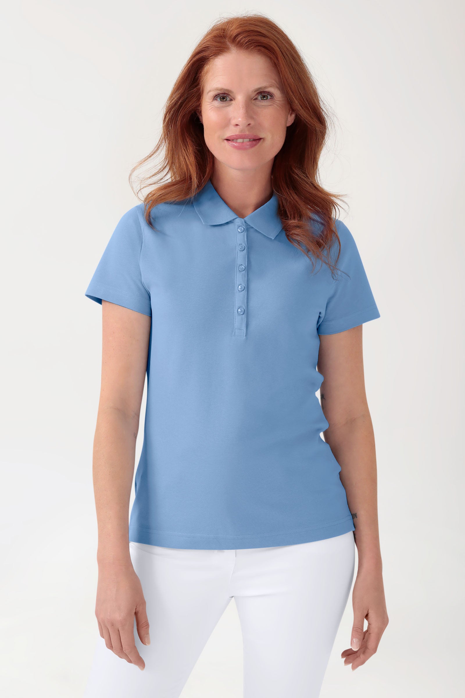 Stretch shirt dames - polokraag hemelsblauw, Voorzijde view 