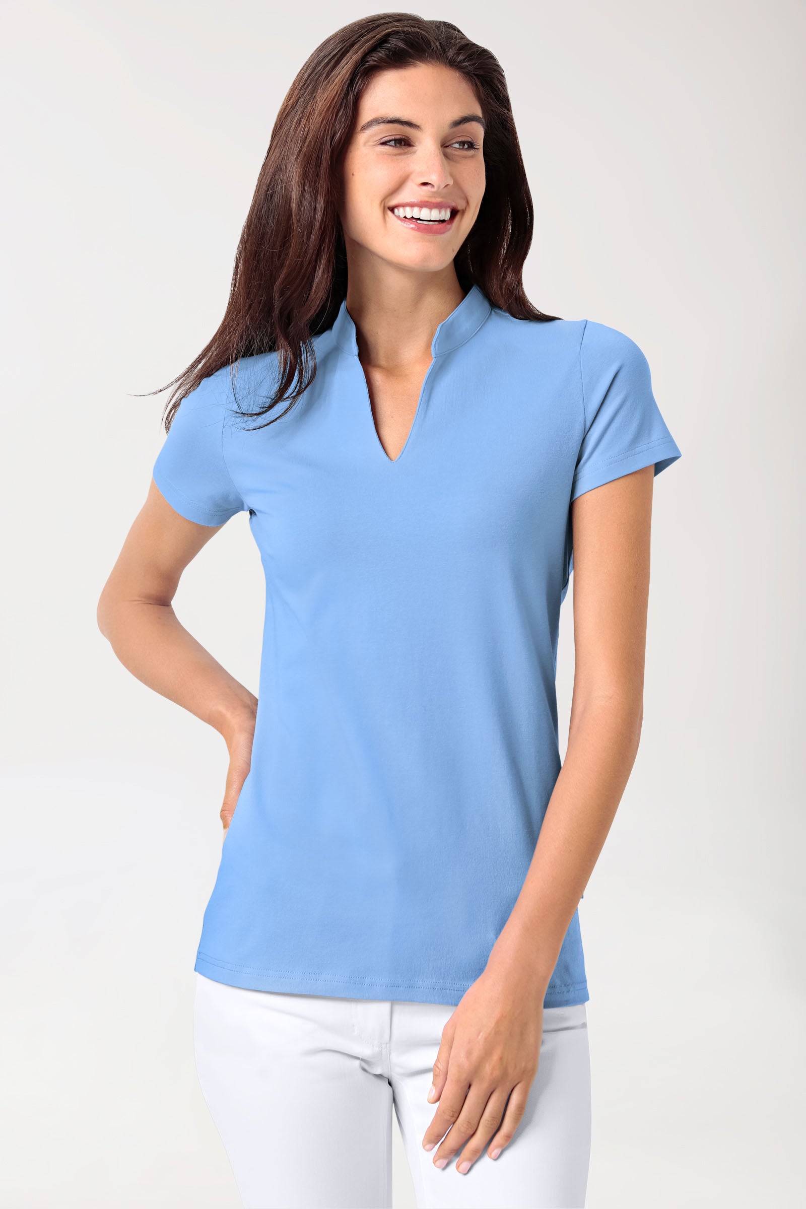 Stretch shirt dames - opstaande kraag hemelsblauw, Voorzijde view 