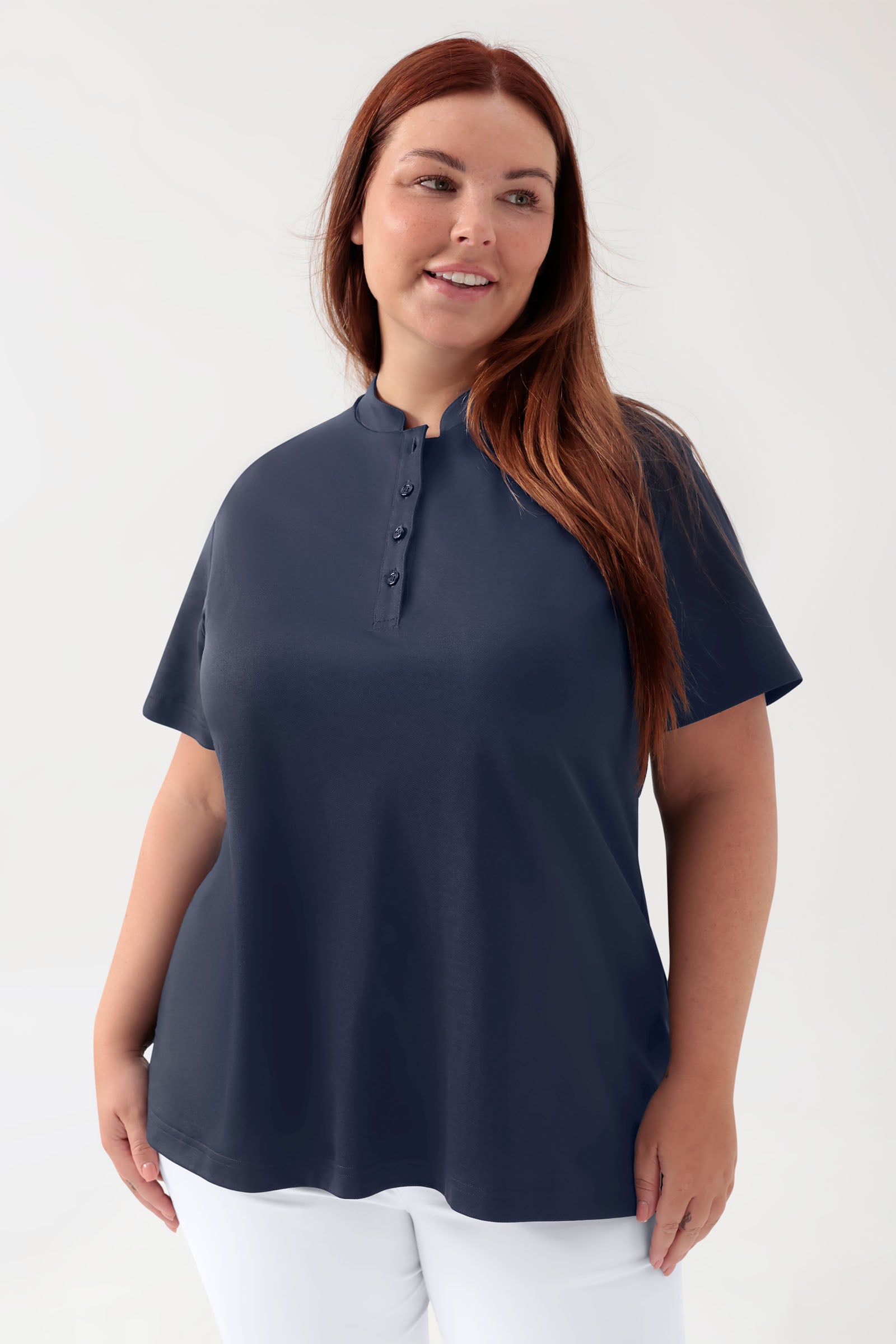 COMFY FLEX stretch shirt dames - opstaande kraag navy, Voorzijde view 