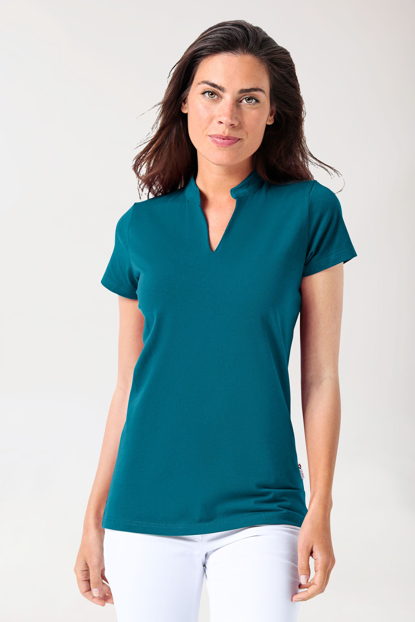 Stretch shirt dames - opstaande kraag petrol, Voorzijde view 