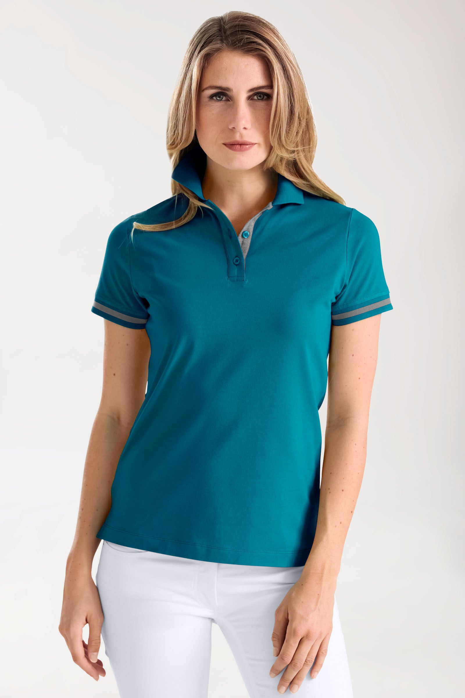 Stretch shirt dames - polokraag petrol/donkergrijs melange, Voorzijde view 