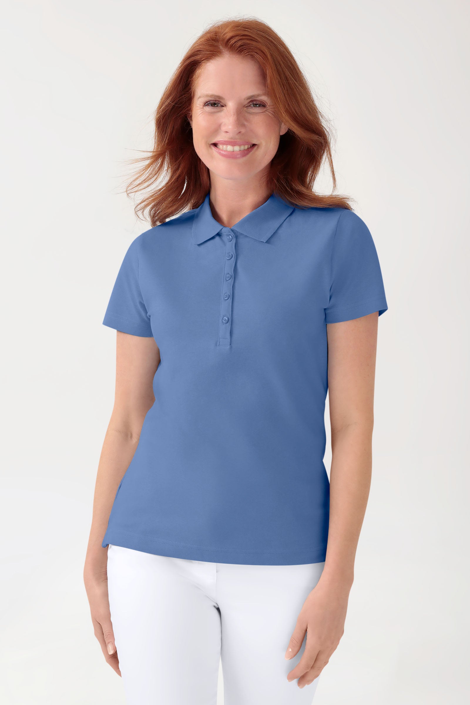 Stretch shirt dames - polokraag petrolblauw, Voorzijde view 