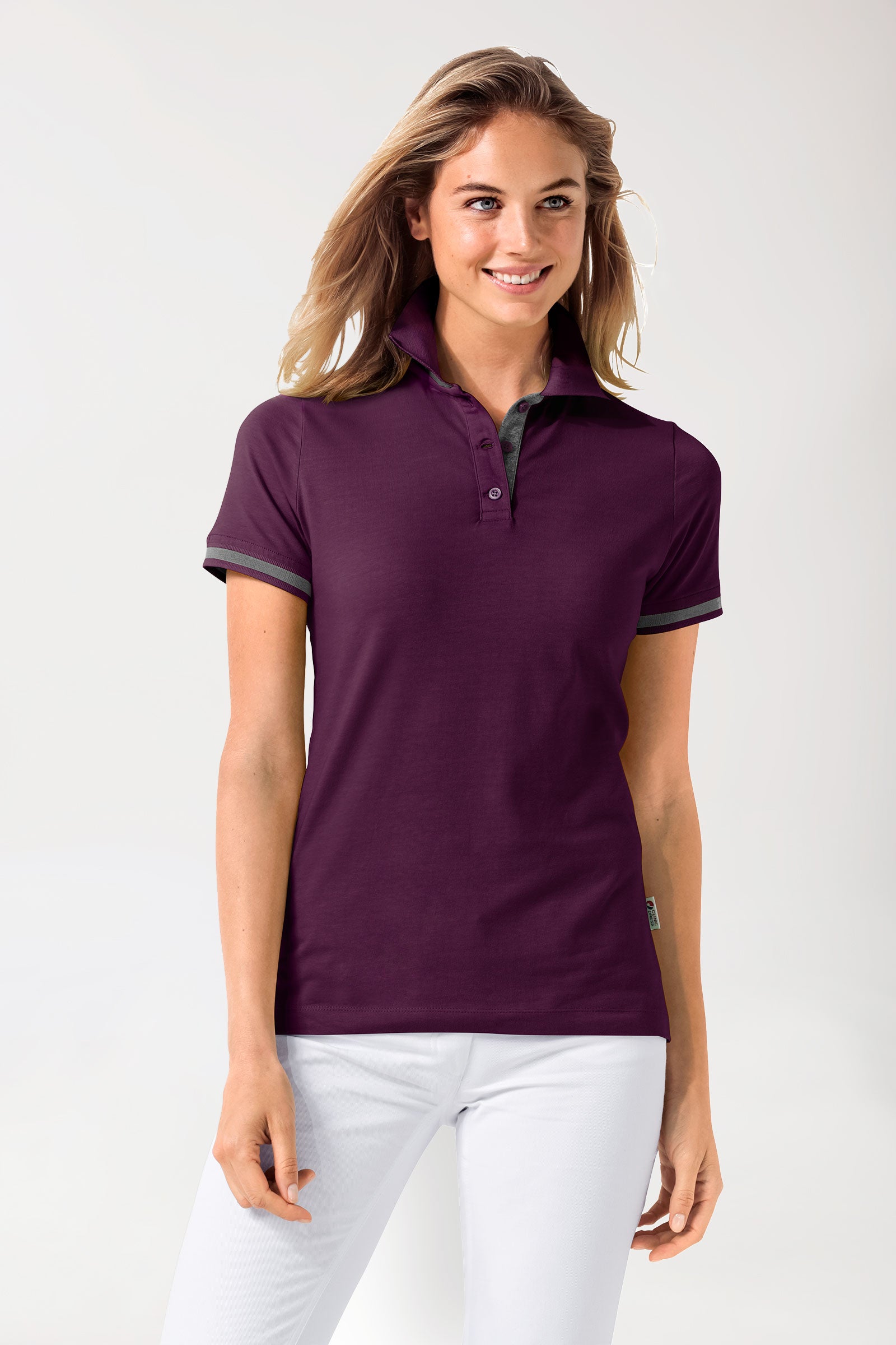 Stretch shirt dames - polokraag pruimen/donkergrijs melange