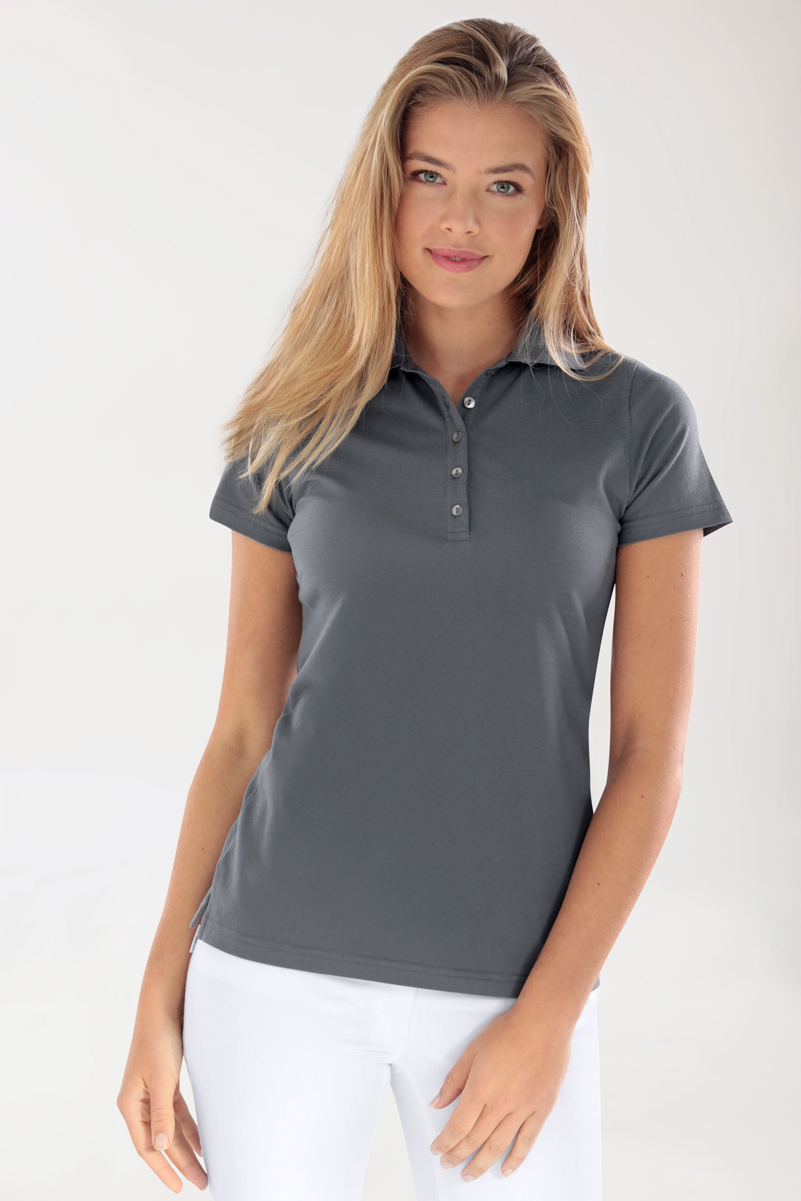 Stretch shirt dames - polokraag steengrijs, Voorzijde view 