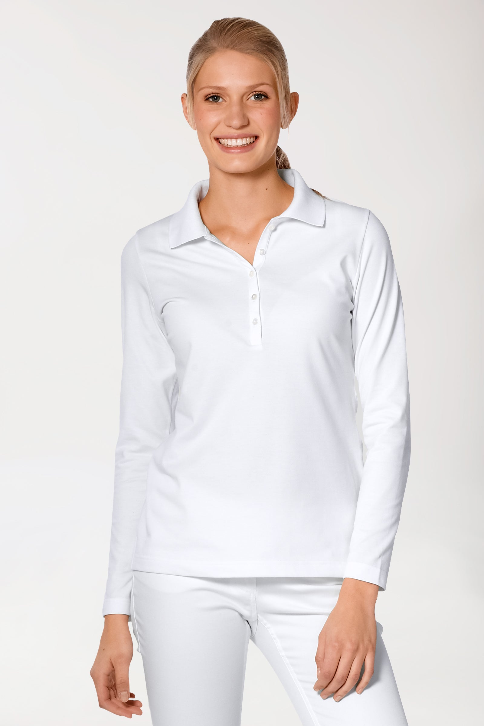Stretch shirt dames - 1/1 mouw met polokraag wit
