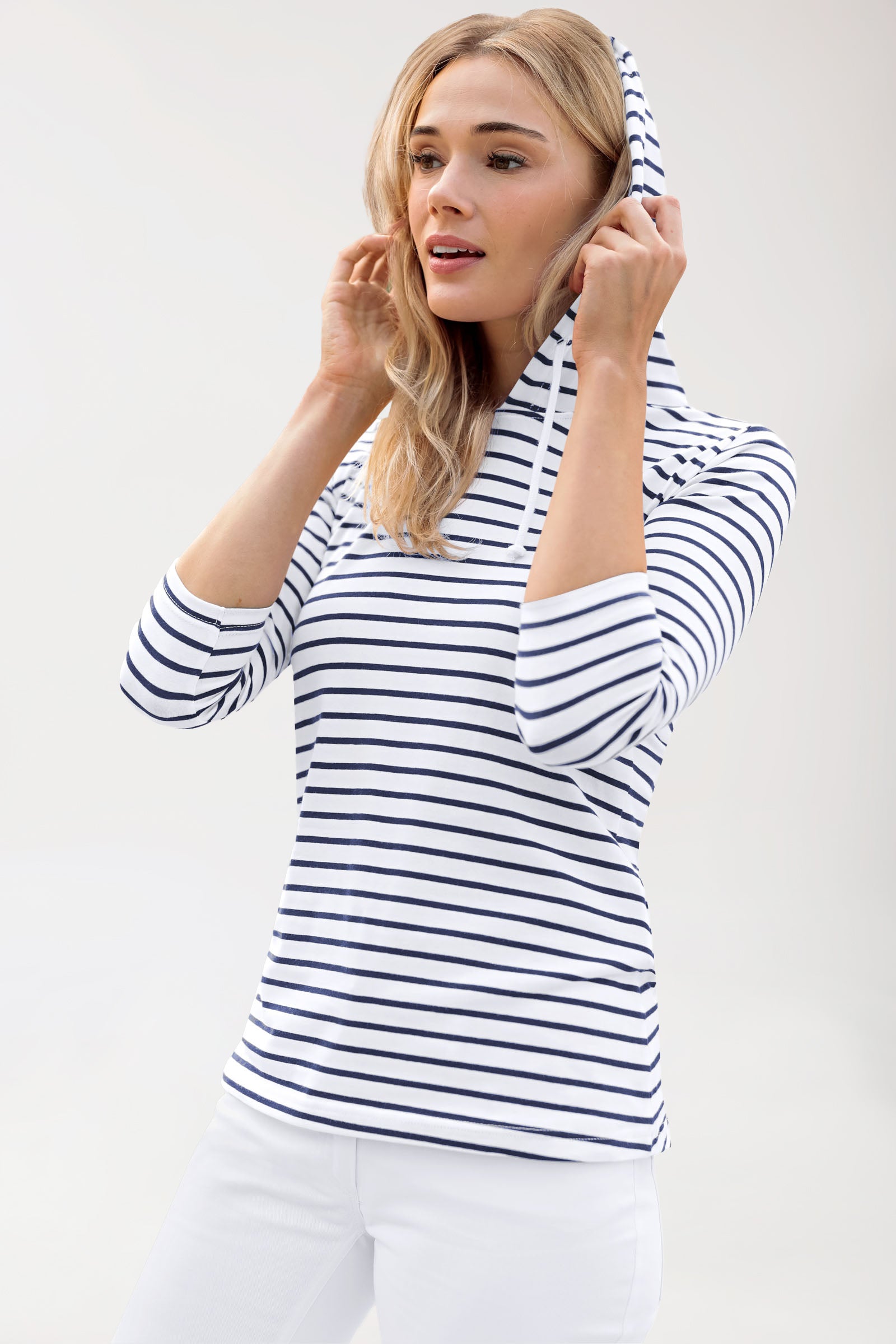 Capuchon shirt dames - 3/4 mouwen wit/navy