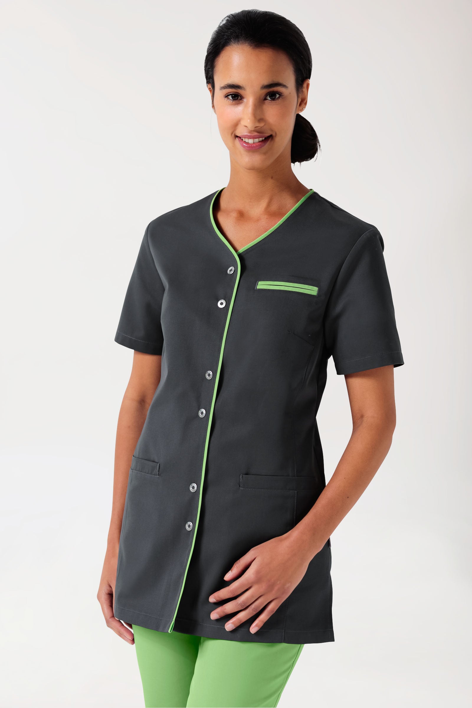 Beauty tuniek dames - met knoopsluiting antraciet/appelgroen