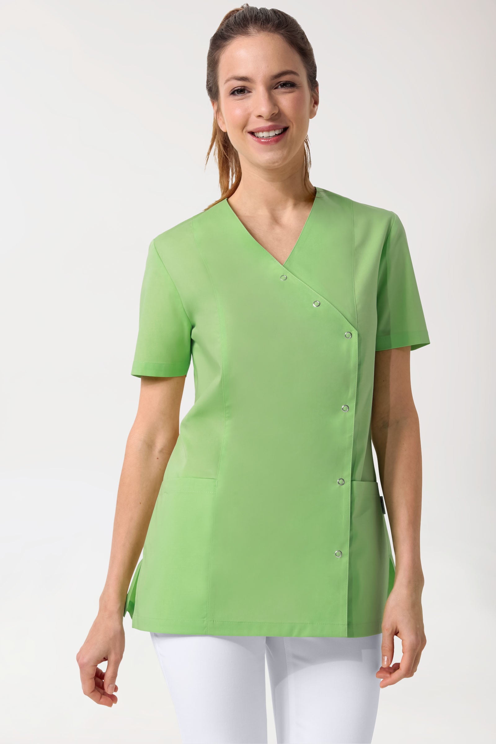 Stretch tuniek dames - met knoopluiting appelgroen, Voorzijde view 