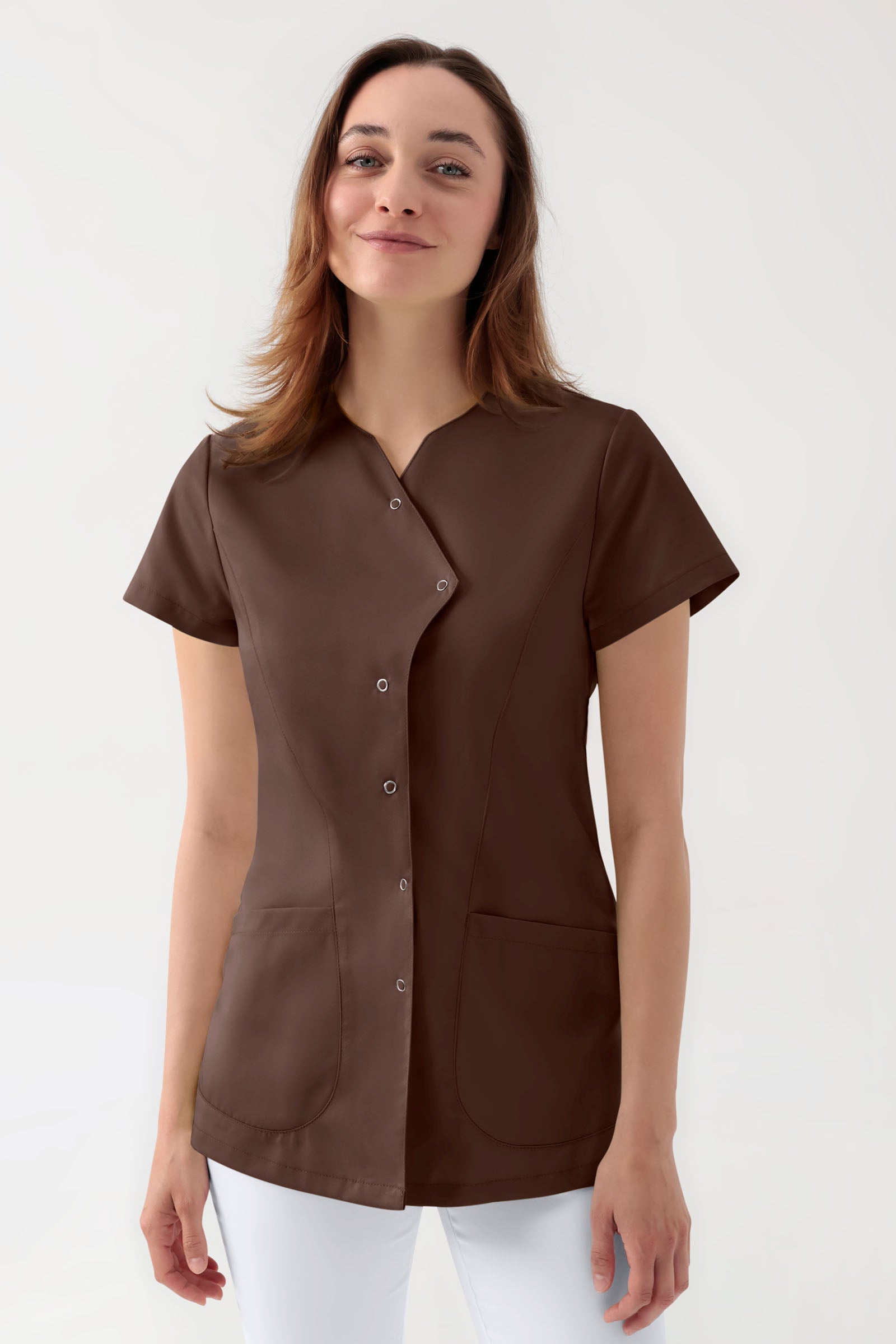 GREEN Stretch tuniek dames - asymetrische knoopsluiting coffee