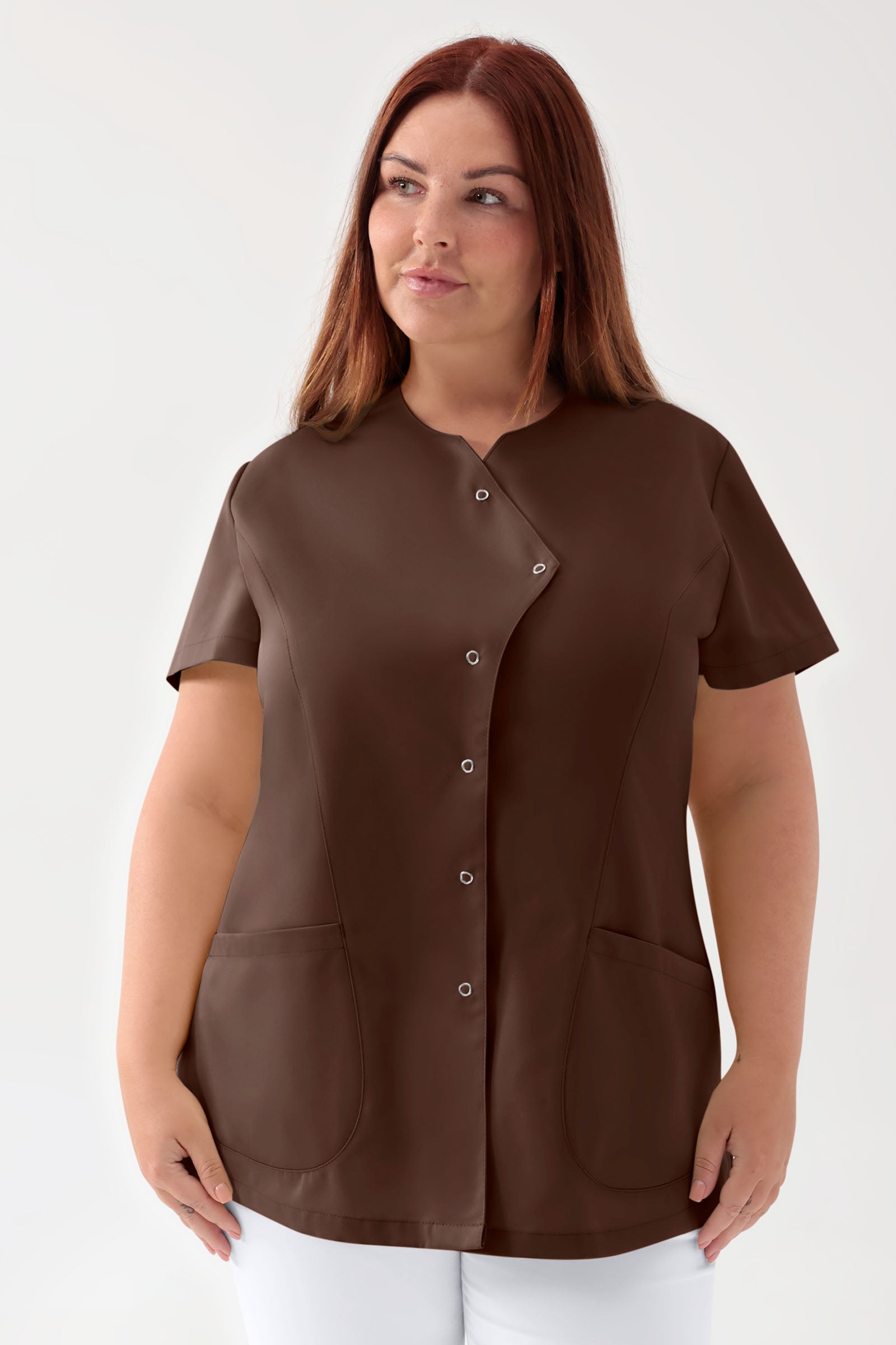 GREEN Stretch tuniek dames - asymetrische knoopsluiting coffee